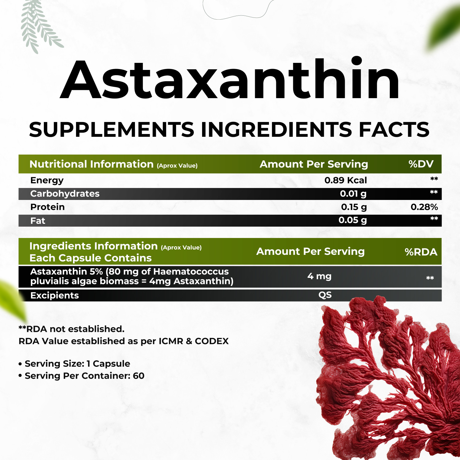 Image of Health Veda Organics Plant Based Astaxanthin Supports Eye, Joint & Skin Health For Both Men & Women (2 x 60 Capsules)
