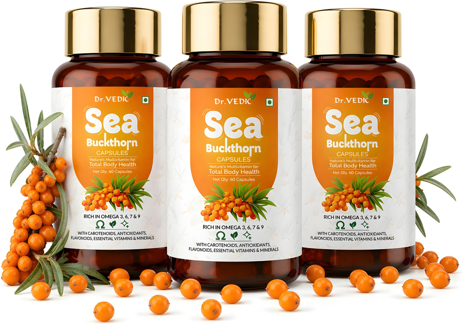 Image of Dr.Vedic Sea Buckthorn Berry Oil 500mg Capsules | Vegan Omega 3, 6, 7 & 9 (3 x 60 Capsules)