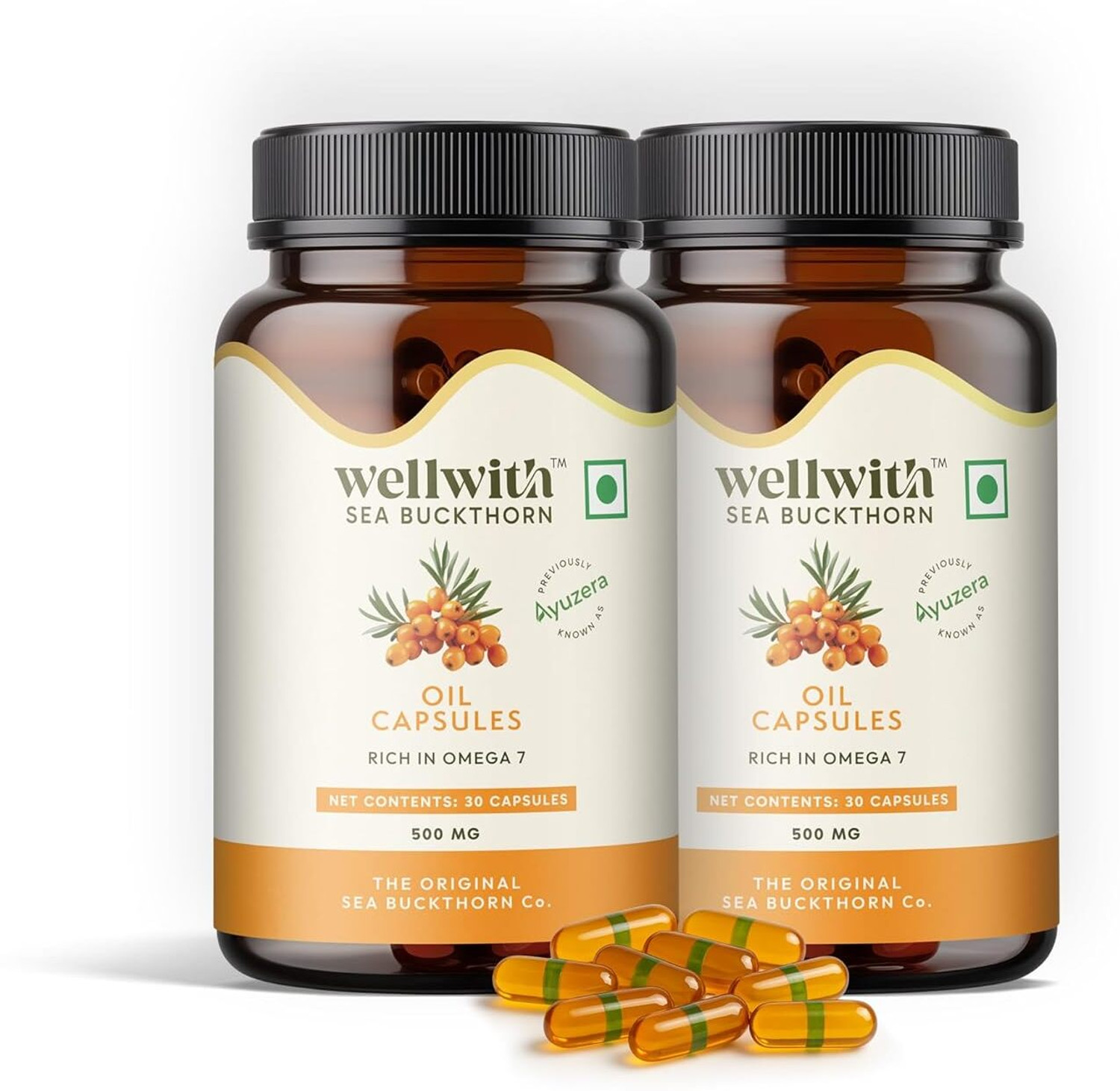 Image of Dr.Vedic Sea Buckthorn Berry 500mg Capsules | Vegan Omega 3, 6, 7 & 9 (60 Capsules)