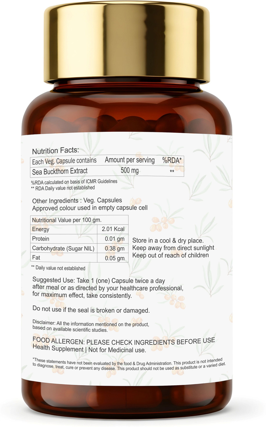 Image of Dr.Vedic Sea Buckthorn Berry Oil 500mg Capsules | Vegan Omega 3, 6, 7 & 9 (3 x 60 Capsules)