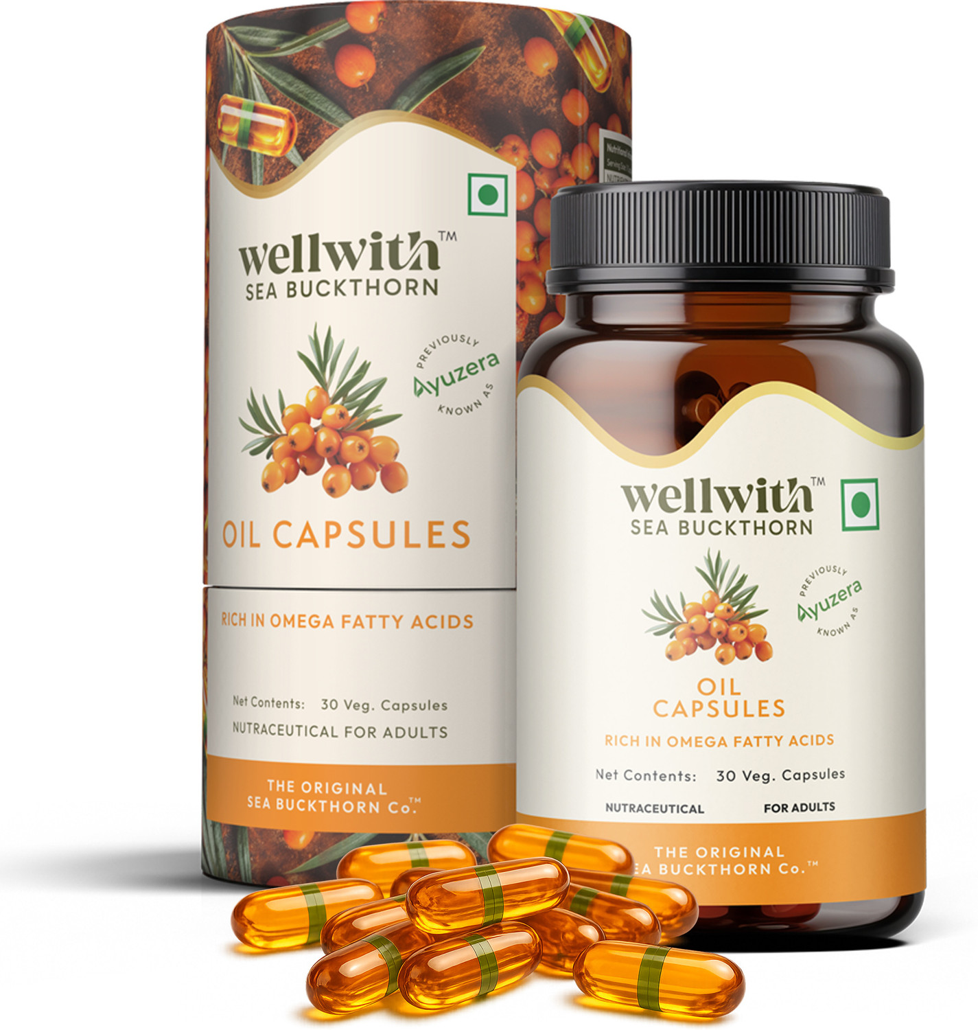 Image of Dr.Vedic Sea Buckthorn Berry Oil 500mg Capsules | Vegan Omega 3, 6, 7 & 9 (3 x 60 Capsules)