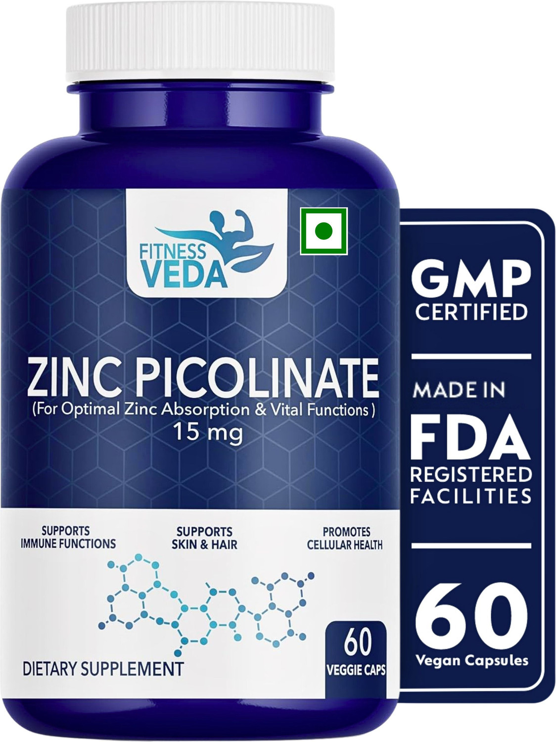 Image of FITNESSVEDA Zinc Picolinate 15mg - High Absorption Zinc Supplement For Immune Support (60 Capsules)