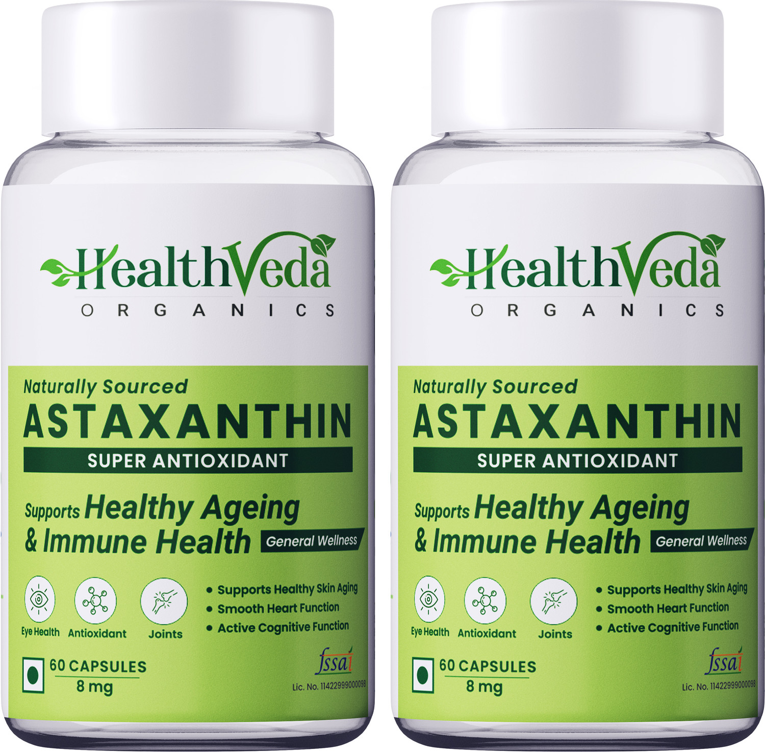 Image of Health Veda Organics Plant Based Astaxanthin Supports Eye, Joint & Skin Health For Both Men & Women (2 x 60 Capsules)