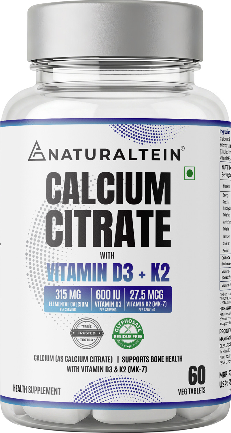NATURALTEIN Calcium Citrate with Vitamin D3 + K2 (MK7) | Bone & Joint Support (60 Tablets) - Image 1