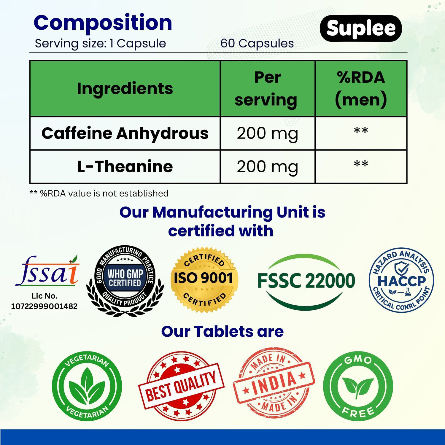 Image of Suplee Caffeine 200 mg + L-Theanine 200 mg Veg Capsules for Focus & Endurance (60 Capsules)