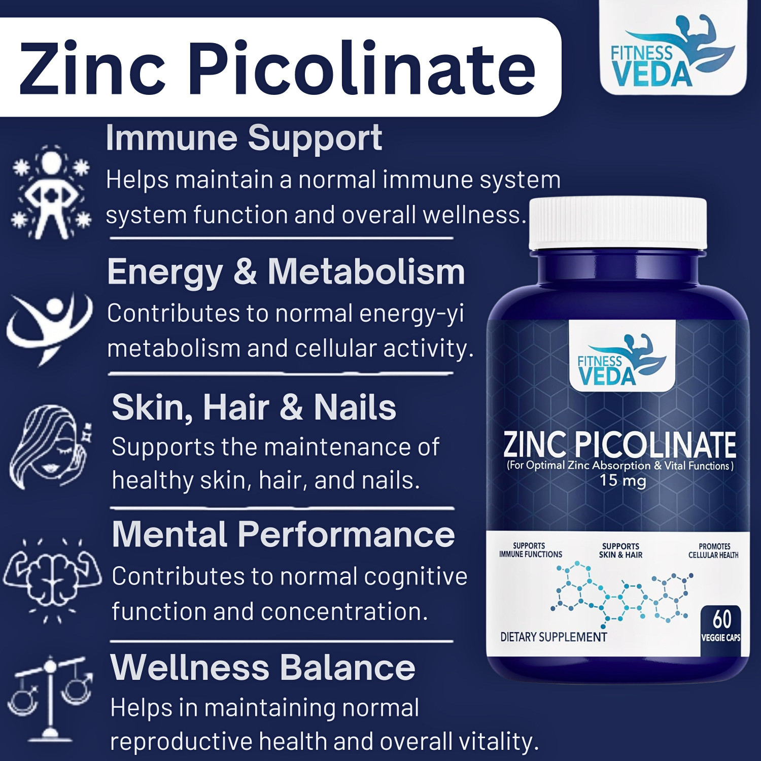 Image of FITNESSVEDA Zinc Picolinate 15mg - High Absorption Zinc Supplement For Immune Support (60 Capsules)