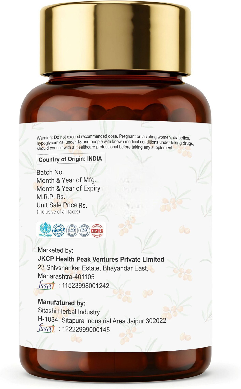 Image of Dr.Vedic Sea Buckthorn Berry 500mg Capsules | Vegan Omega 3, 6, 7 & 9 (60 Capsules)