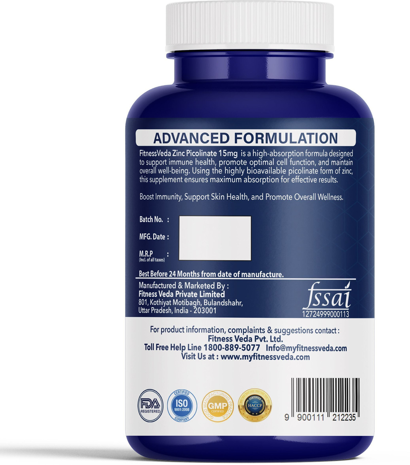 Image of FITNESSVEDA Zinc Picolinate 15mg - High Absorption Zinc Supplement For Immune Support (60 Capsules)