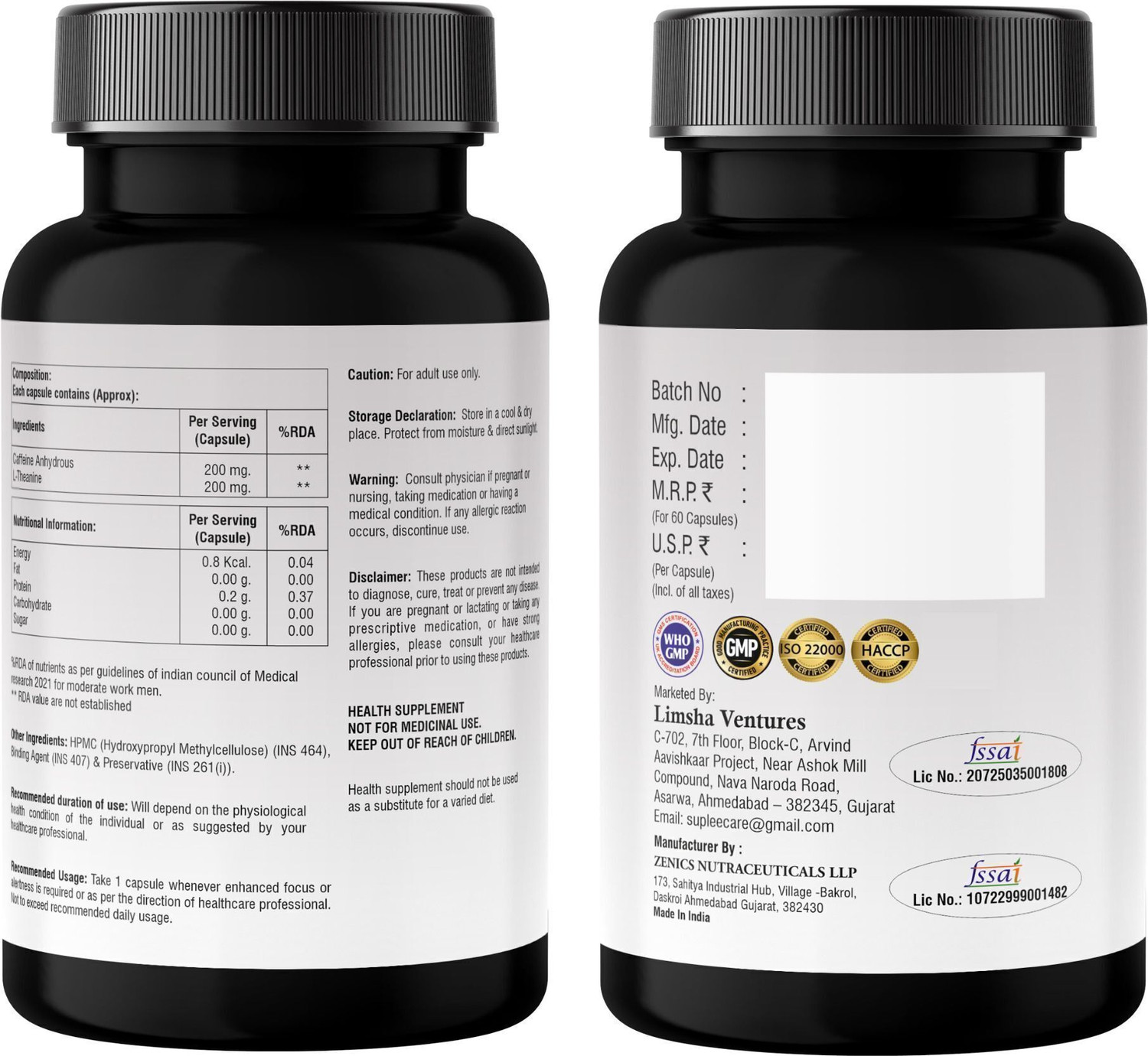 Image of Suplee Caffeine 200 mg + L-Theanine 200 mg Veg Capsules for Focus & Endurance (60 Capsules)