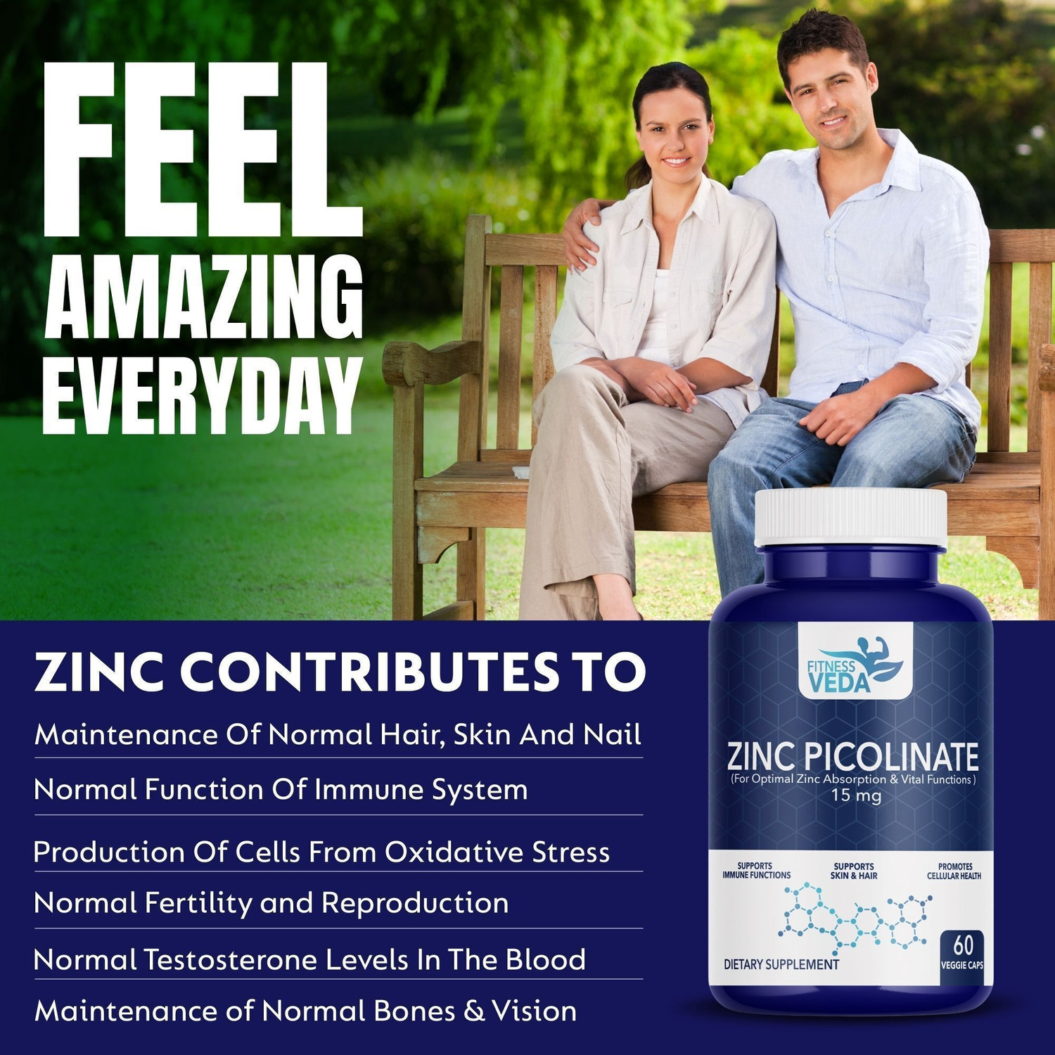 Image of FITNESSVEDA Zinc Picolinate 15mg - High Absorption Zinc Supplement For Immune Support (60 Capsules)