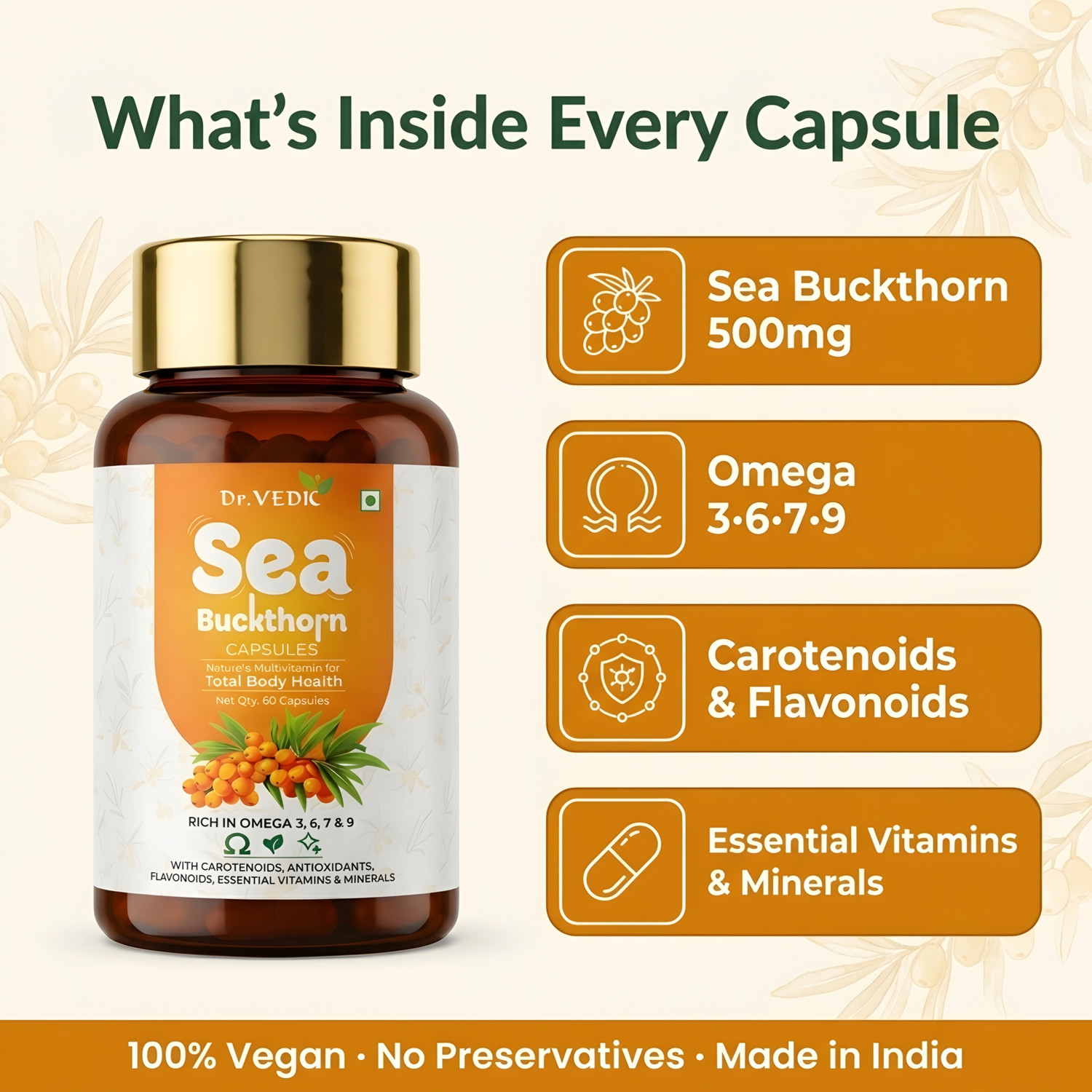 Image of Dr.Vedic Sea Buckthorn Berry Oil 500mg Capsules | Vegan Omega 3, 6, 7 & 9 (3 x 60 Capsules)