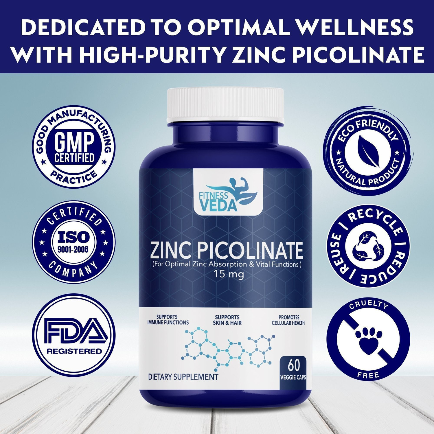 Image of FITNESSVEDA Zinc Picolinate 15mg - High Absorption Zinc Supplement For Immune Support (60 Capsules)