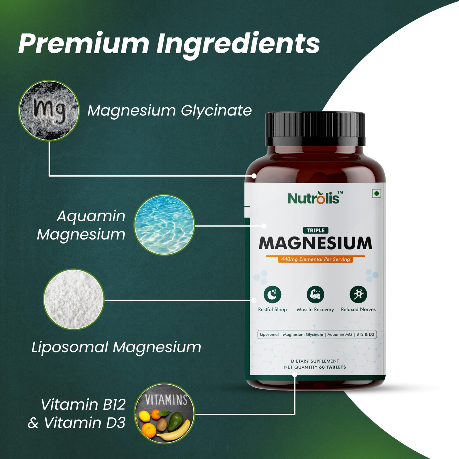 Image of Nutrolis Triple Magnesium Complex | High Absorption | Sleep, Stress & Muscle Recovery (60 Tablets)