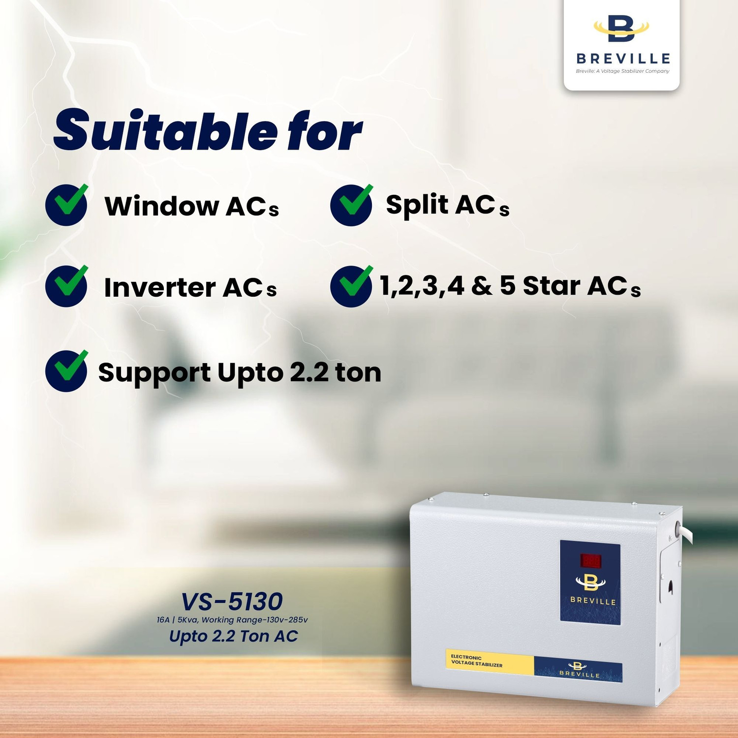 Image of Breville VS5130 Voltage Stabilizer (130V to 285V) 5kVA Wide Working Range best for Inverter AC, Split, Windows AC for 2.2 Ton (Grey)
