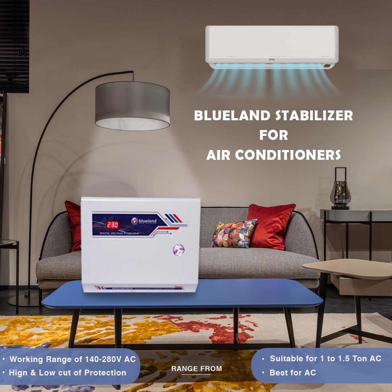 Image of M&M HARIS BLUELAND VOLTAGE STABILIZER 4KVA (140V-280V) Copper Wounded for 1 AC ( Sutabile 1 TON to 1.5 TON AC ) Best for Split AC & Windows AC 3 Years Warranty (White)