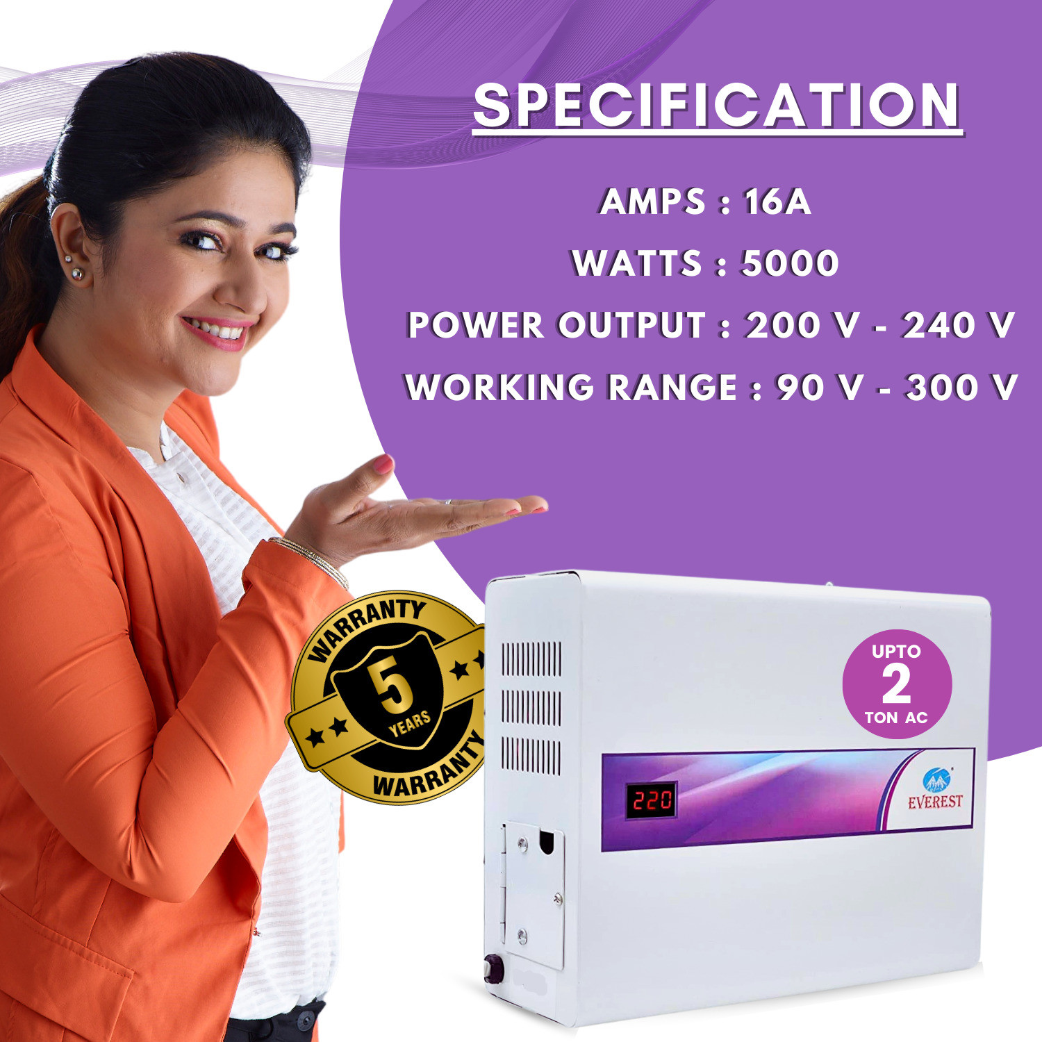 Image of EVEREST 5 KVA Triple Booster Wall Mountable Upto 2.5 Ton AC Stabilizer (Working Range : 90 V-300 V) (White)