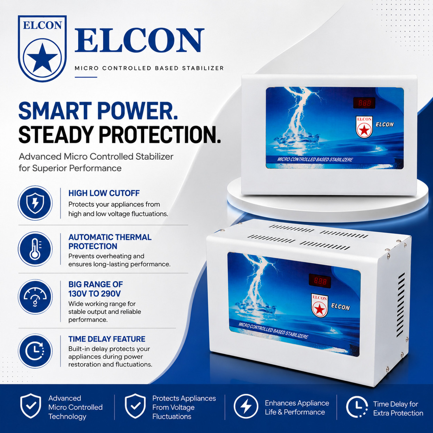 Image of ELCON 1.5 Ton AC Stabilizer 4 KVA (130V-290V) Micro Controlled based Automatic Voltage Stabilizer (White)