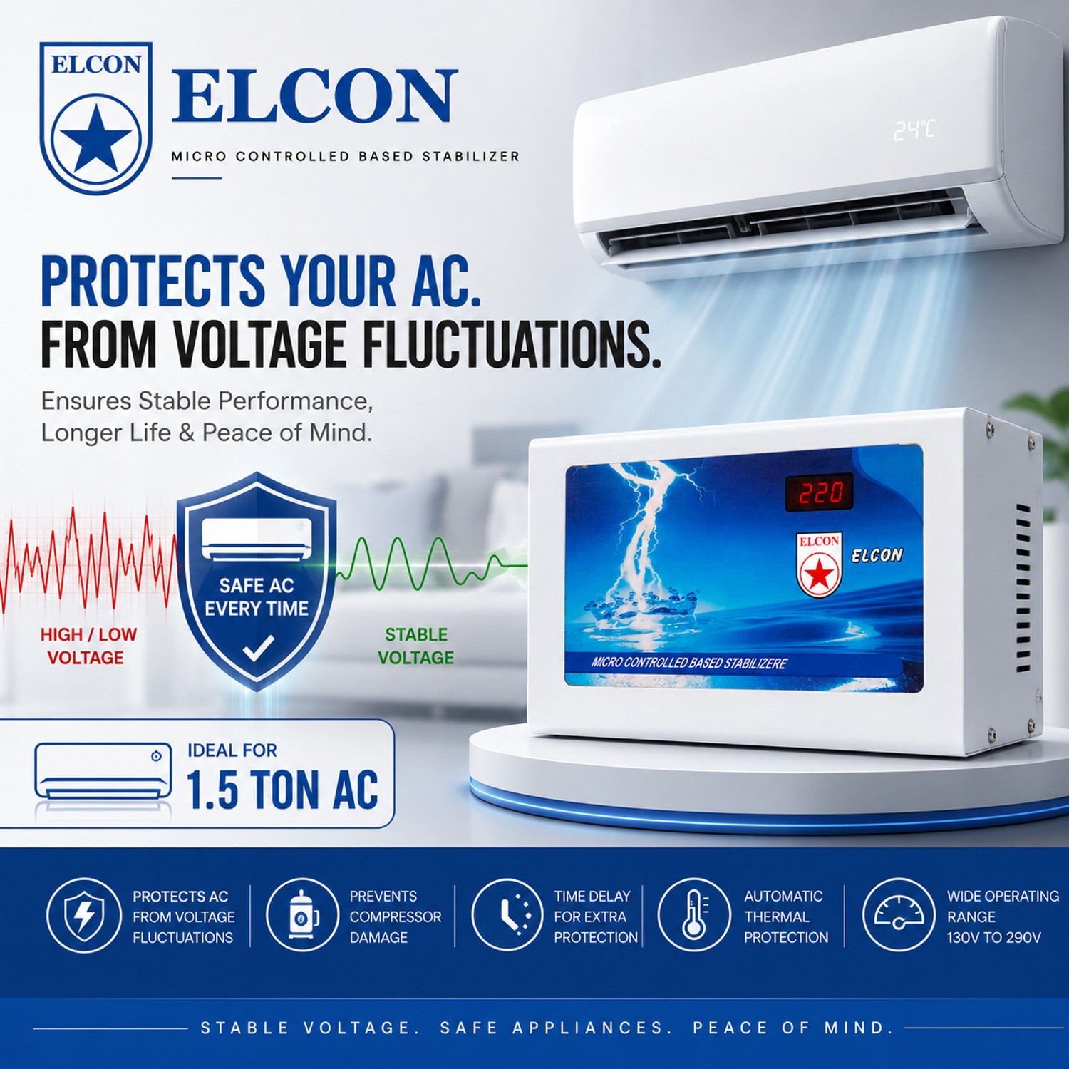 Image of ELCON 1.5 Ton AC Stabilizer 4 KVA (130V-290V) Micro Controlled based Automatic Voltage Stabilizer (White)