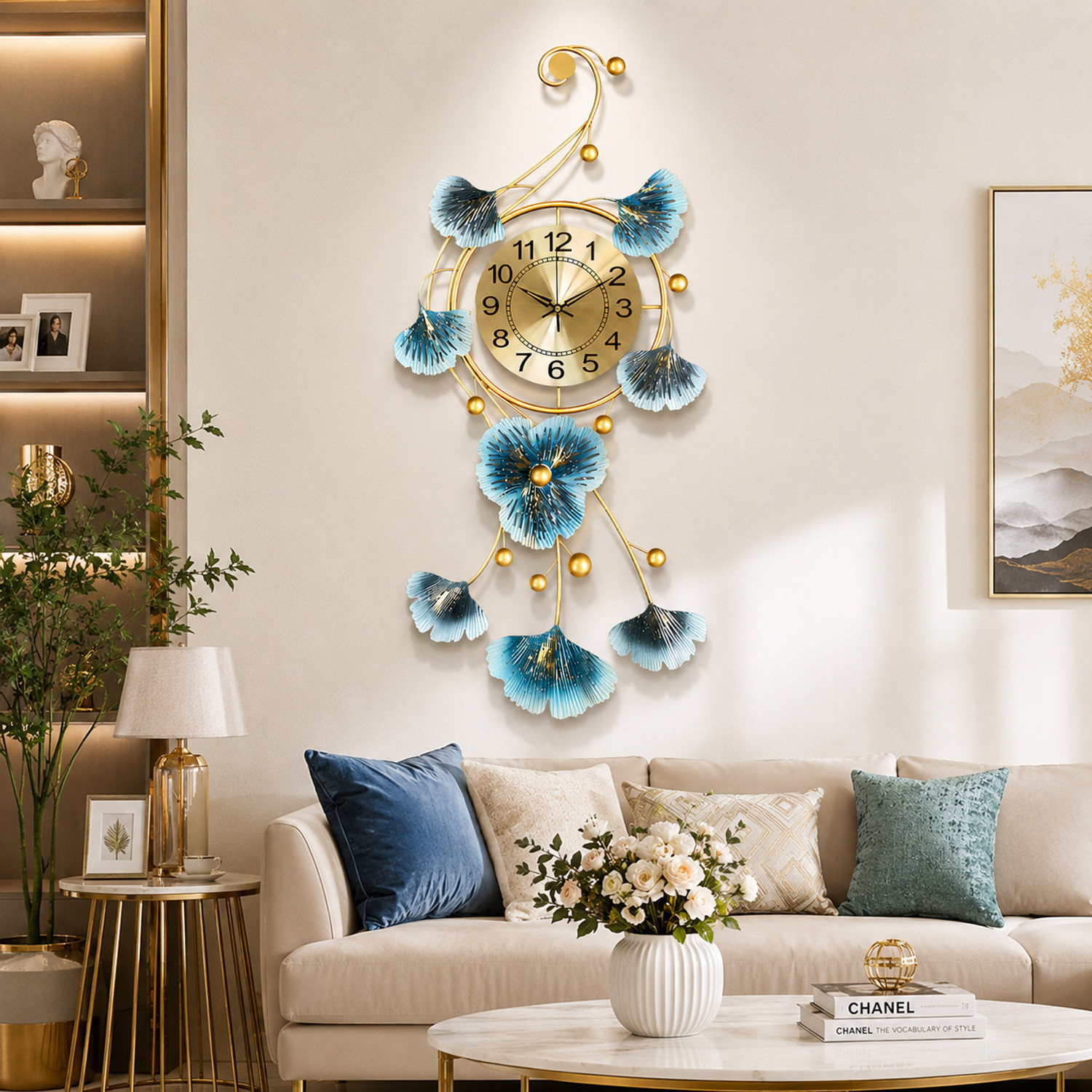 Image of VMSR Analog 41 cm X 80 cm Wall Clock (Blue, Gold, Without Glass, Standard)