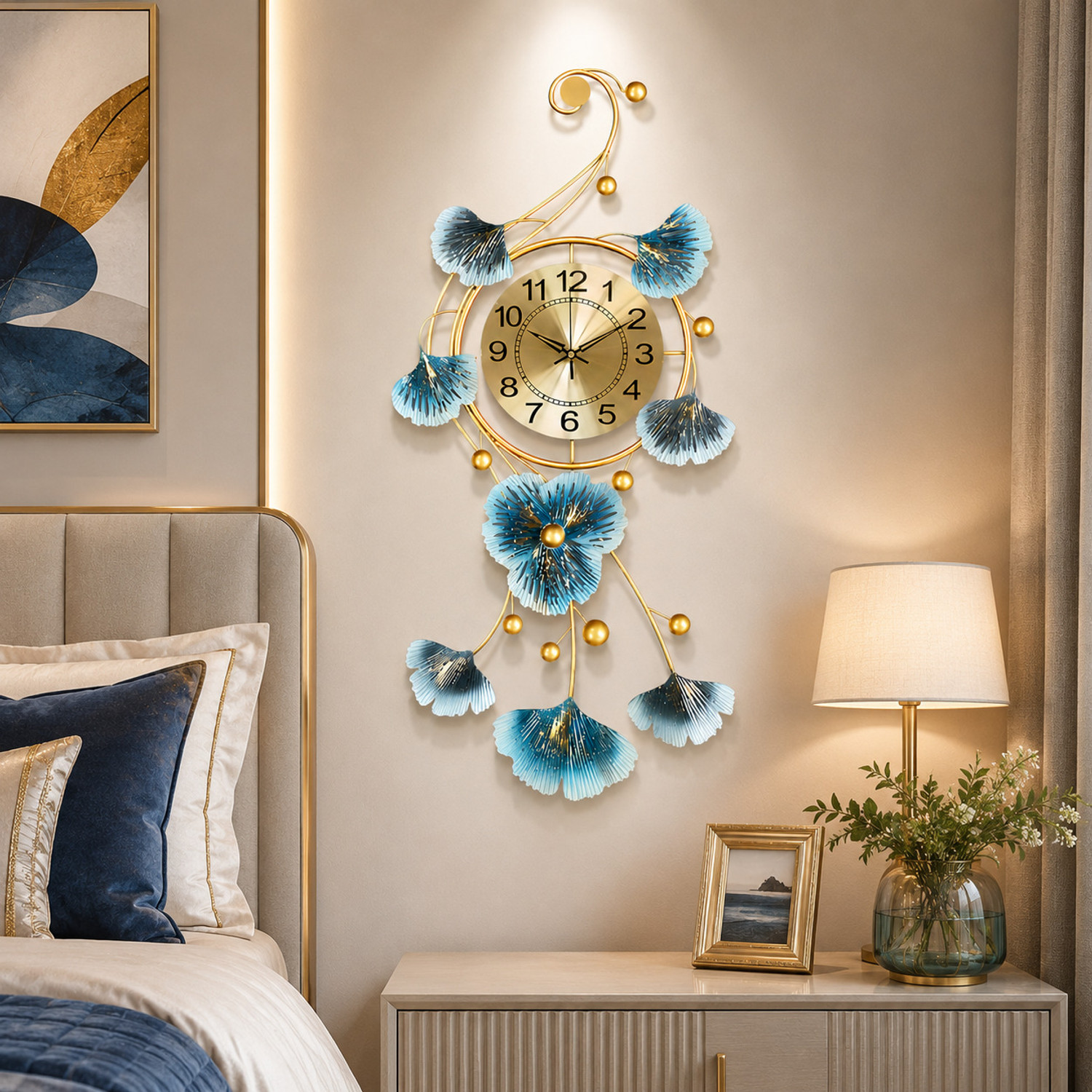 Image of VMSR Analog 41 cm X 80 cm Wall Clock (Blue, Gold, Without Glass, Standard)