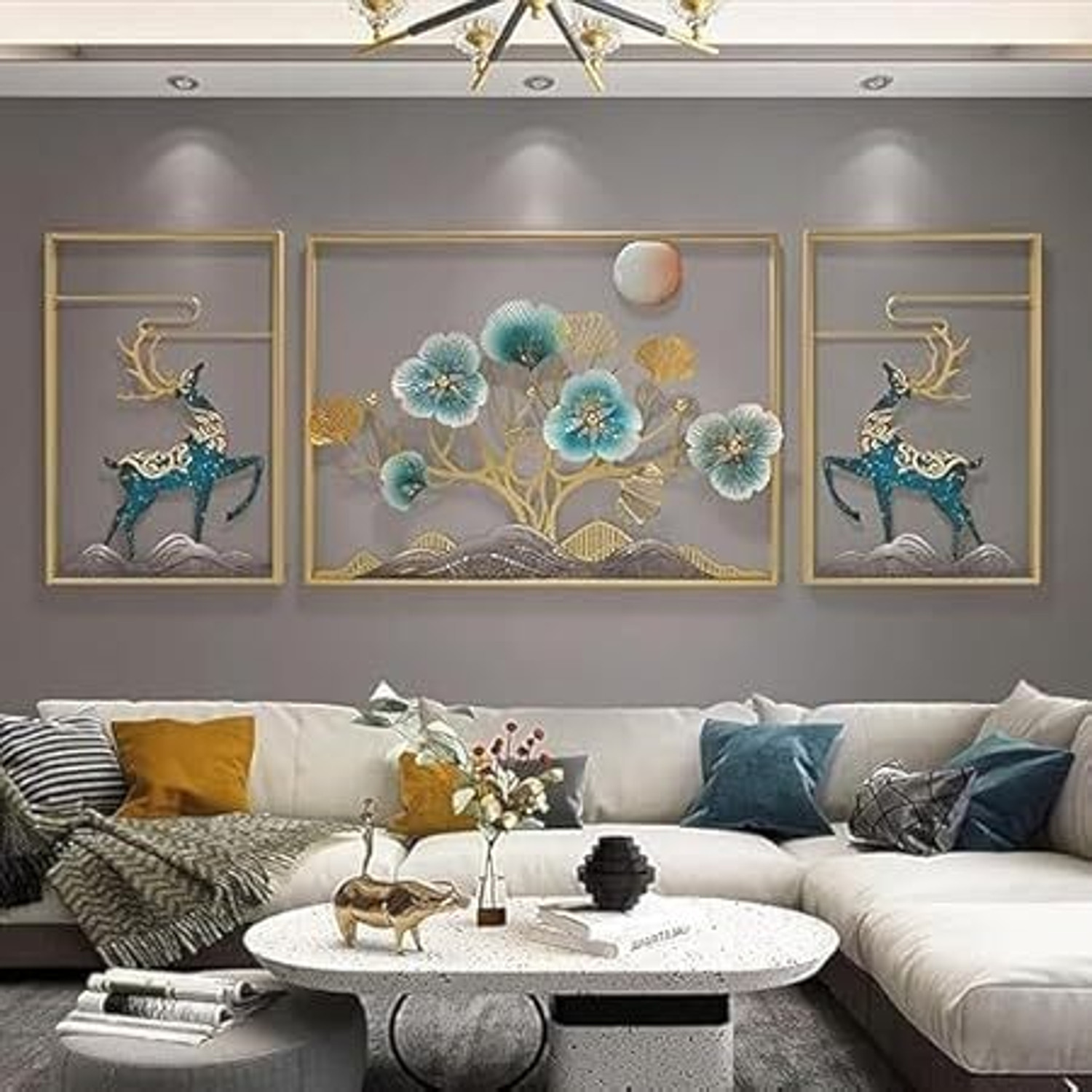 Image of TAHandicrafts 3D Ginkgo Leaves and Deer Metal Wall Art Decor, Handmade Wall Hanging Sculpture 3D Painting 50 inch x 20 inch Painting (With Frame, Pack of 3)