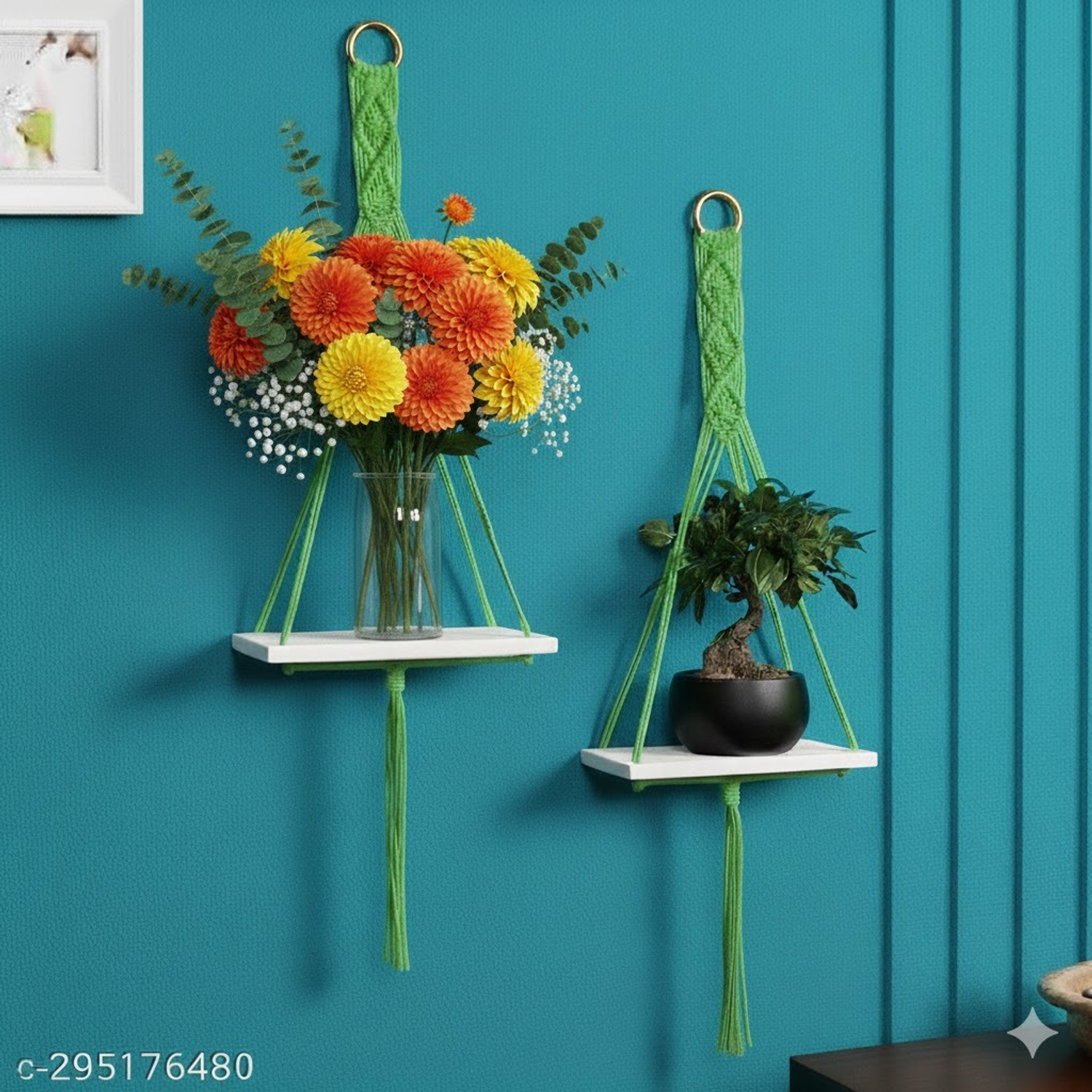 Image of JANAKI SHOP Wooden Wall Shelf (Number of Shelves - 2, Green)
