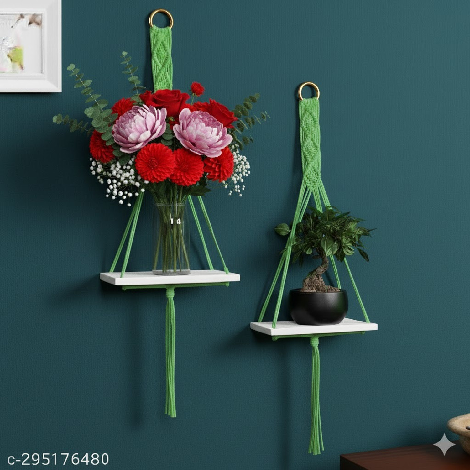 Image of JANAKI SHOP Wooden Wall Shelf (Number of Shelves - 2, Green)