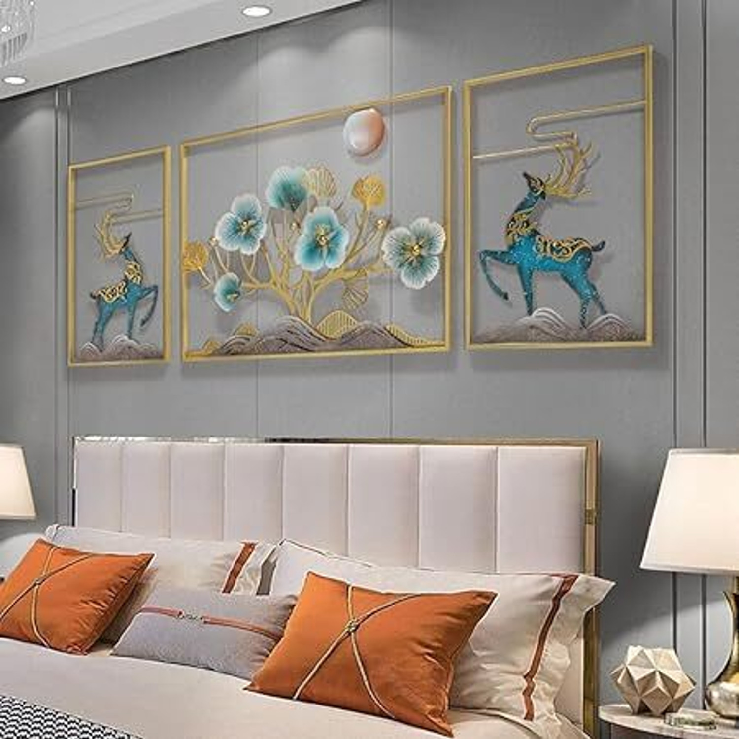 Image of TAHandicrafts 3D Ginkgo Leaves and Deer Metal Wall Art Decor, Handmade Wall Hanging Sculpture 3D Painting 50 inch x 20 inch Painting (With Frame, Pack of 3)
