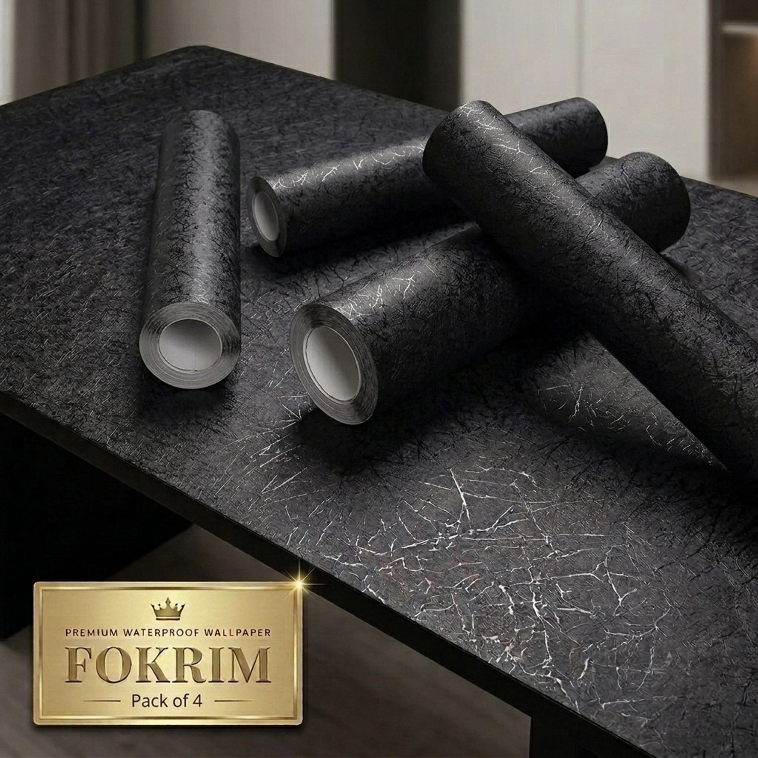 Image of FOKRIM 300 cm x 45 cm Waterproof Decorative Vinyl Wallpaper (Black, Pack of 4)