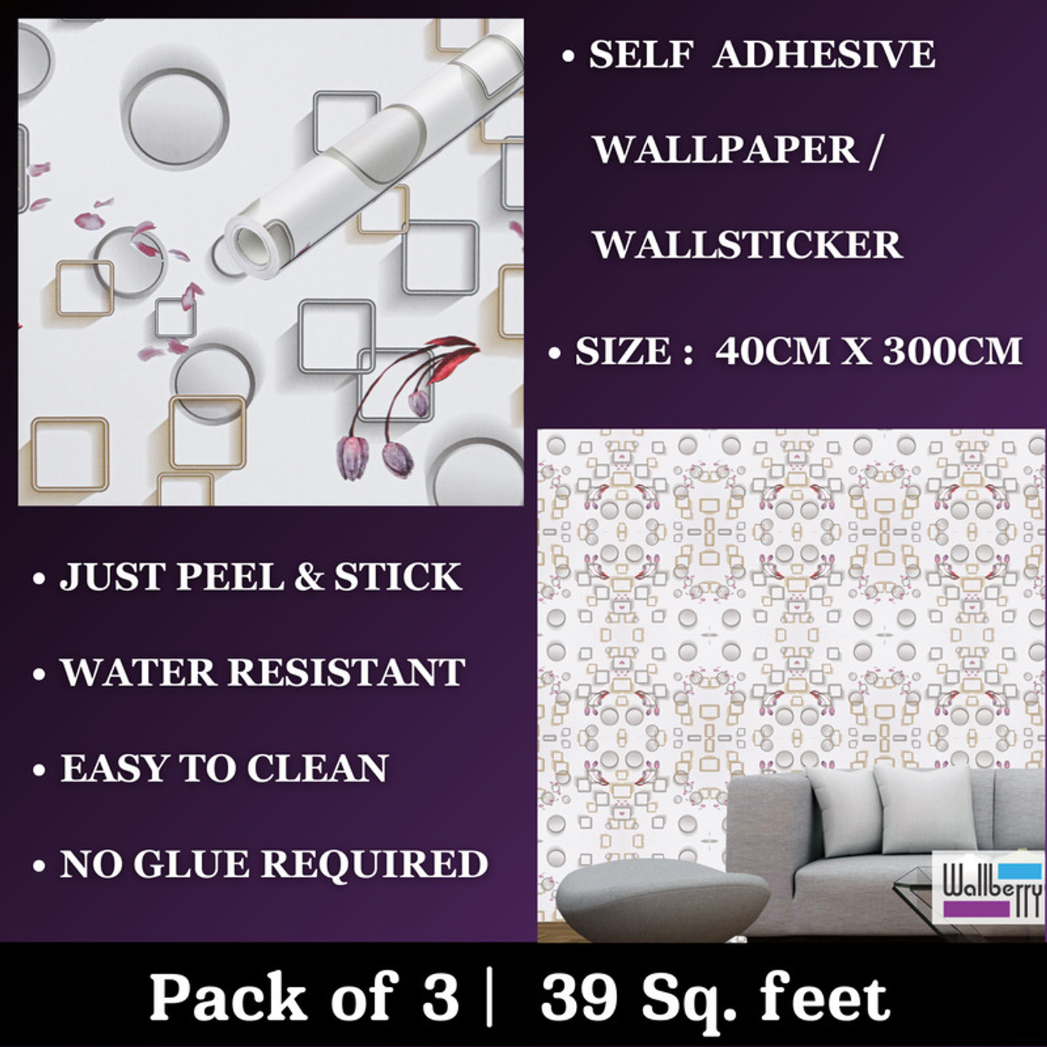 Image of WallBerry 300 cm x 40 cm Waterproof Abstract Vinyl Wallpaper (Multicolor, Pack of 3)