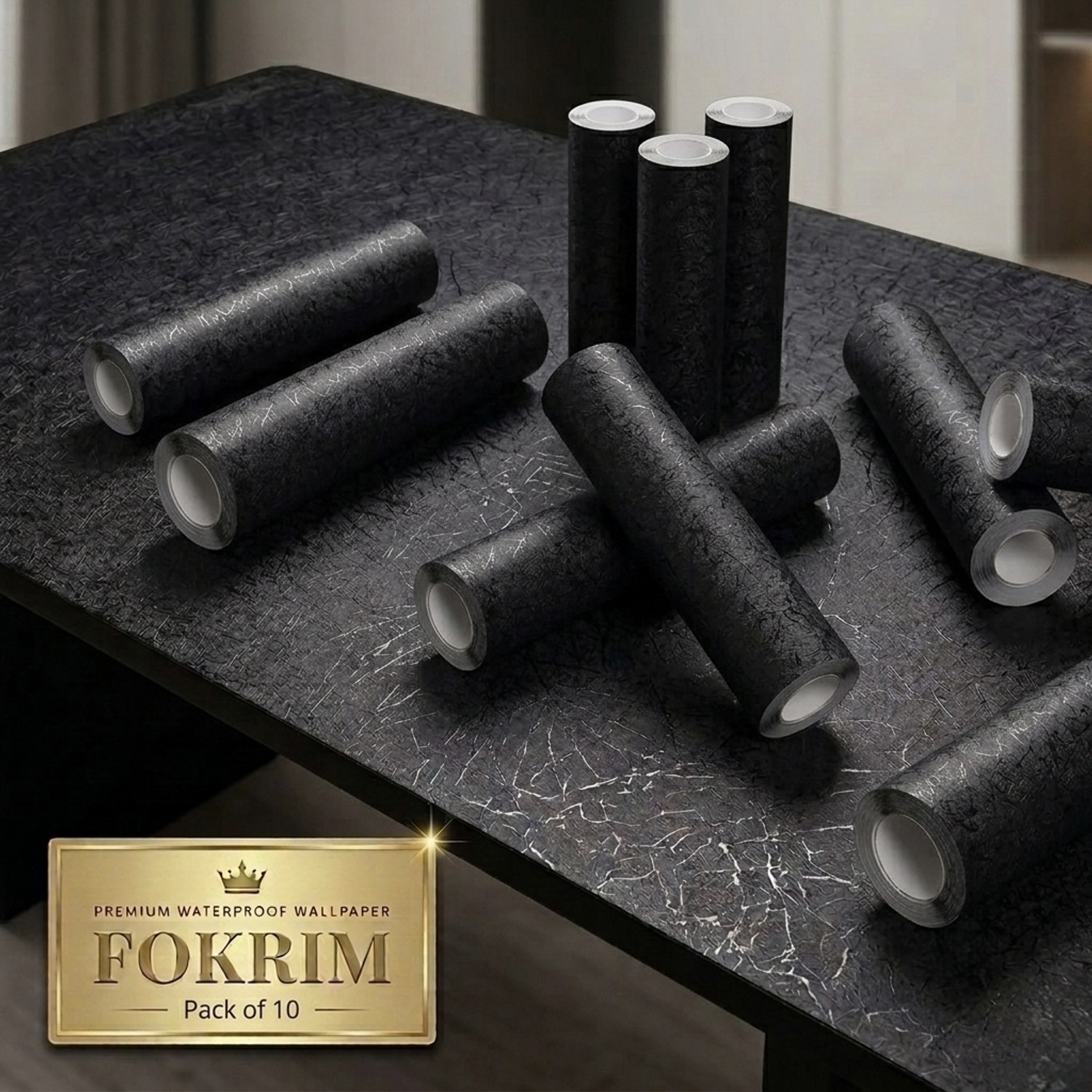 Image of FOKRIM 300 cm x 45 cm Waterproof Decorative Vinyl Wallpaper (Black, Pack of 10)