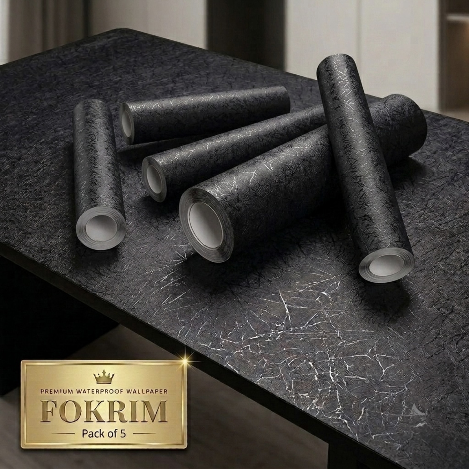 Image of FOKRIM 300 cm x 45 cm Waterproof Decorative Vinyl Wallpaper (Black, Pack of 5)