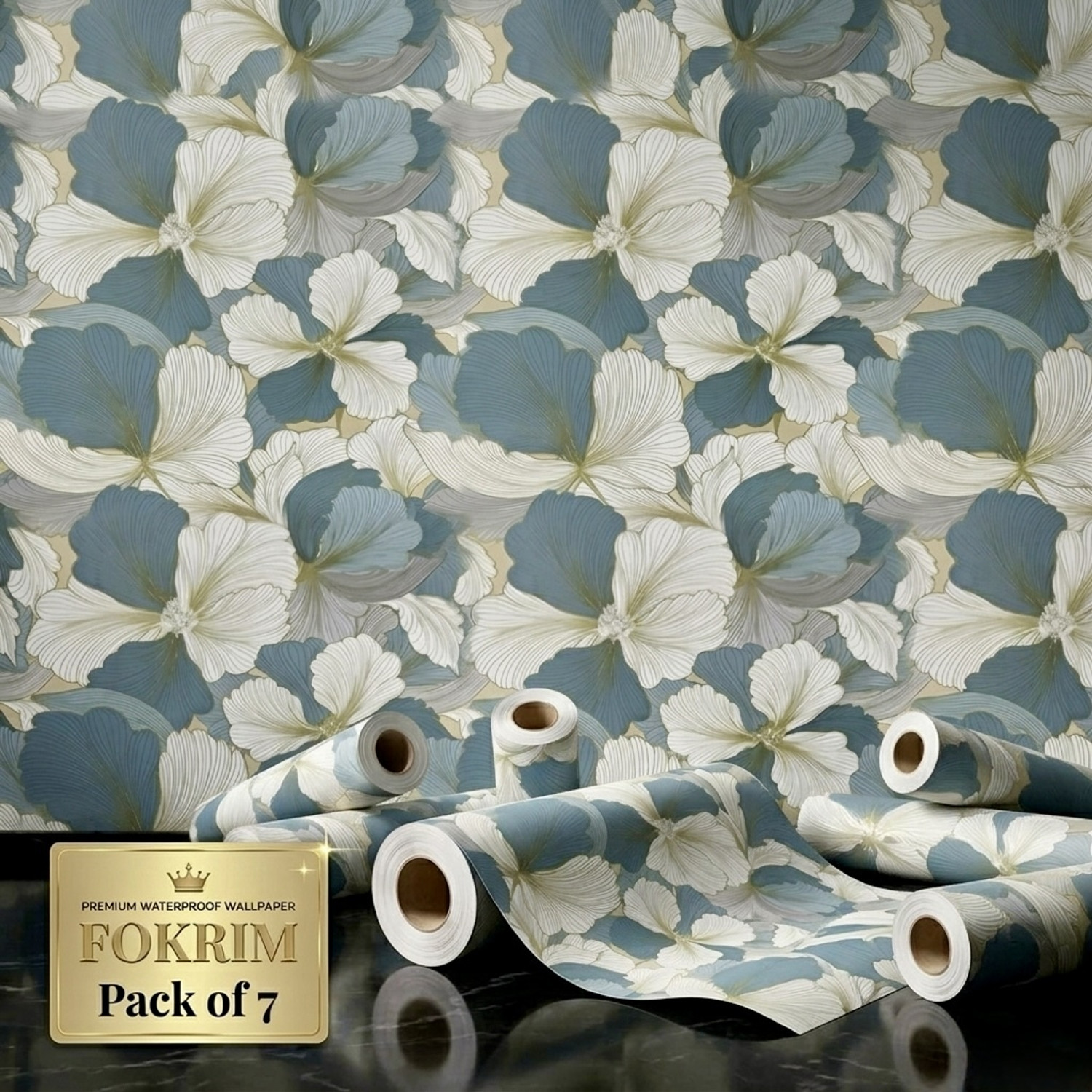 FOKRIM Waterproof Floral Vinyl Wallpaper, 300cm x 45cm, Blue/White, - Image 1