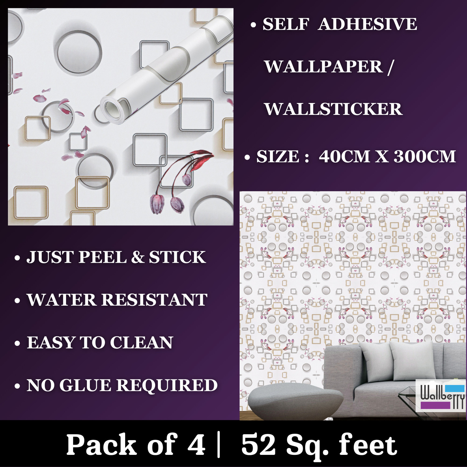 Image of WallBerry 300 cm x 40 cm Waterproof Abstract Vinyl Wallpaper (Multicolor, Pack of 4)