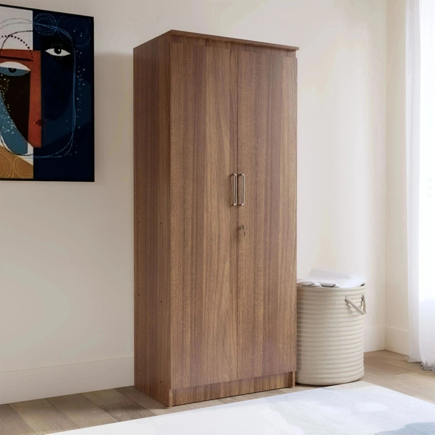 Image of DiamondF 2 Door Wooden Storage Cabinet 6 shelves with Lock | Multipurpose White Almirah Engineered Wood Almirah (Finish Color - Cream, Pre-assembled)