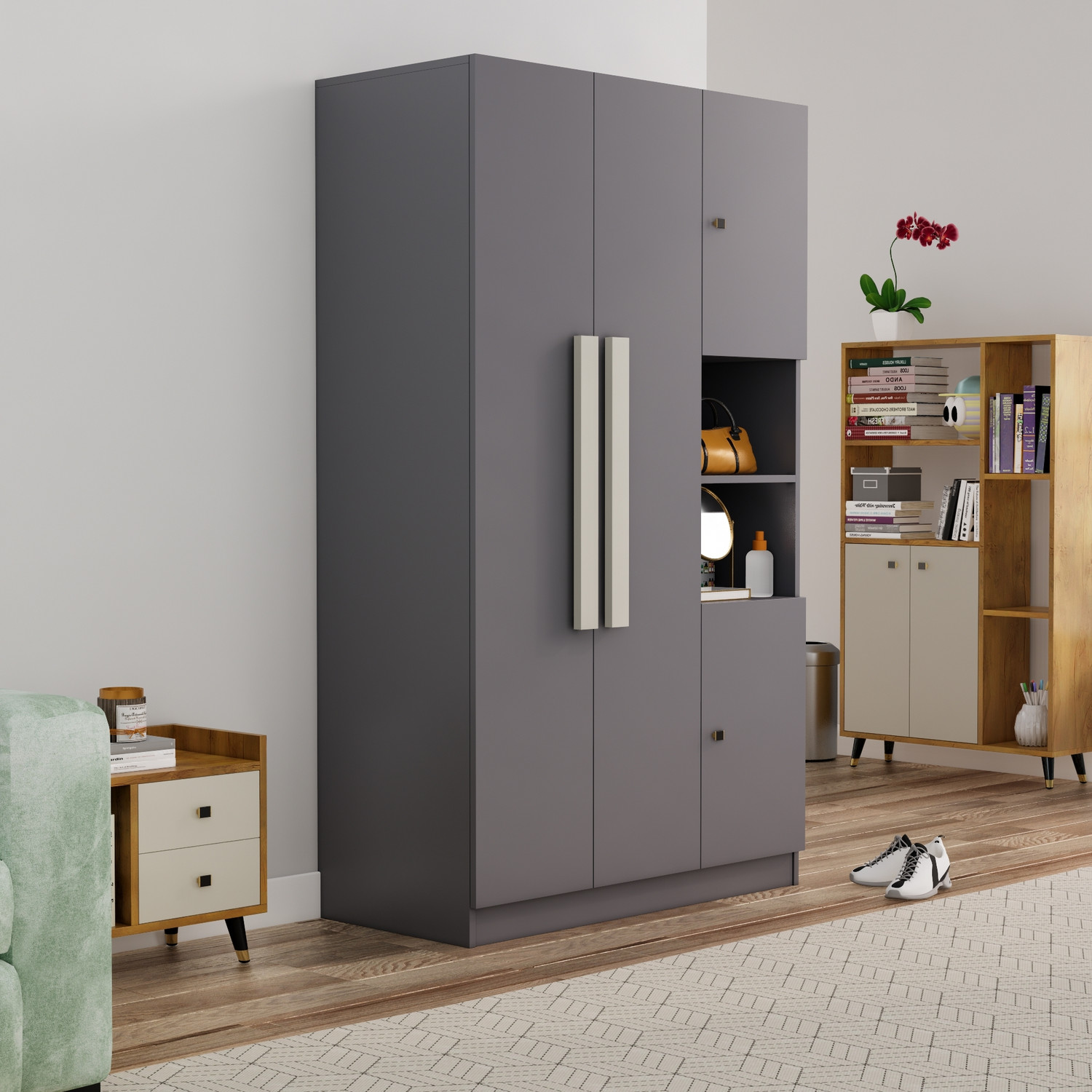 Hexa Red Wooden Wardrobe with Door & Hanging Space - Image 1