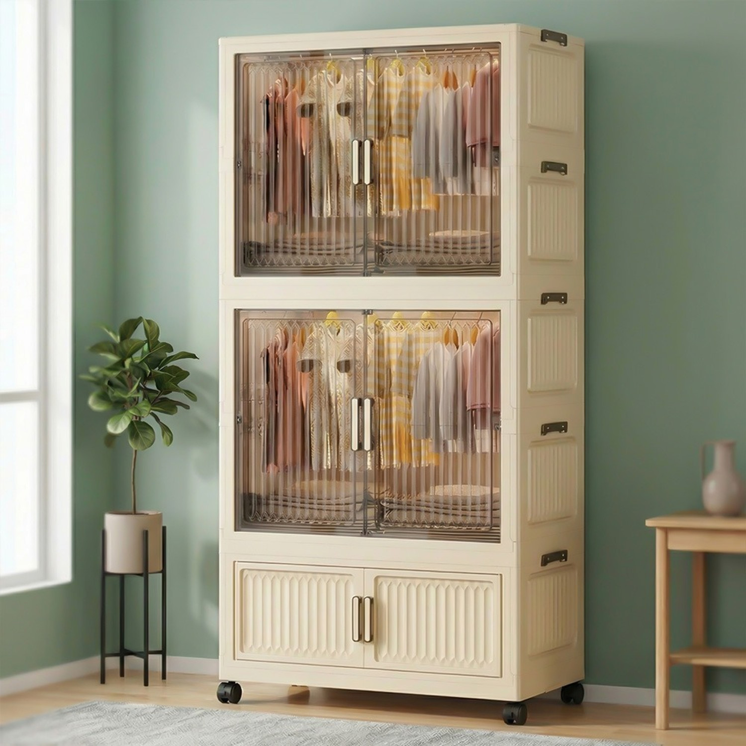 StarAndDaisy 2 Door Plastic Wardrobe, Cream, Mirror - Image 1