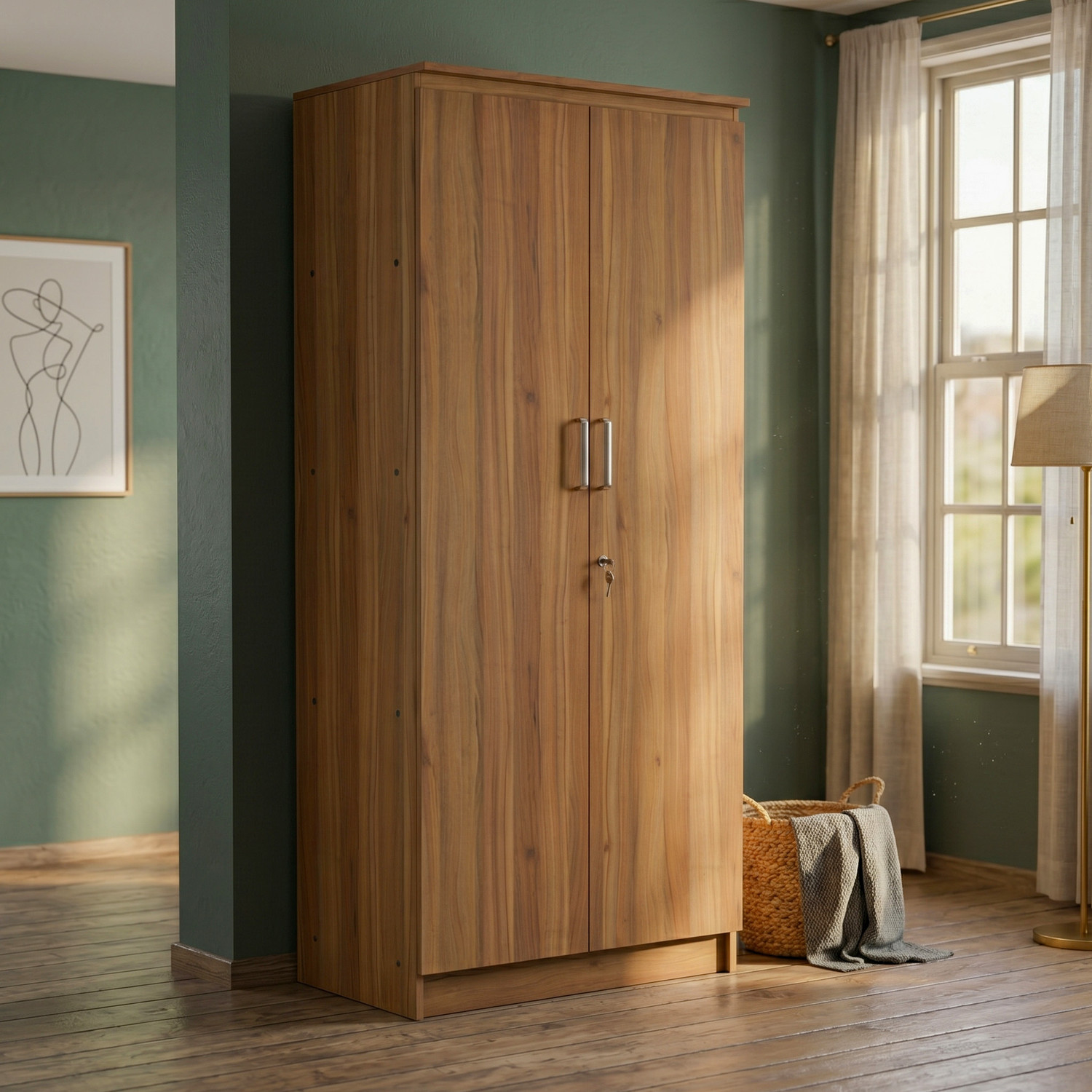 Image of DiamondF 2 Door Wooden Storage Cabinet 6 shelves with Lock | Multipurpose White Almirah Engineered Wood Almirah (Finish Color - Cream, Pre-assembled)