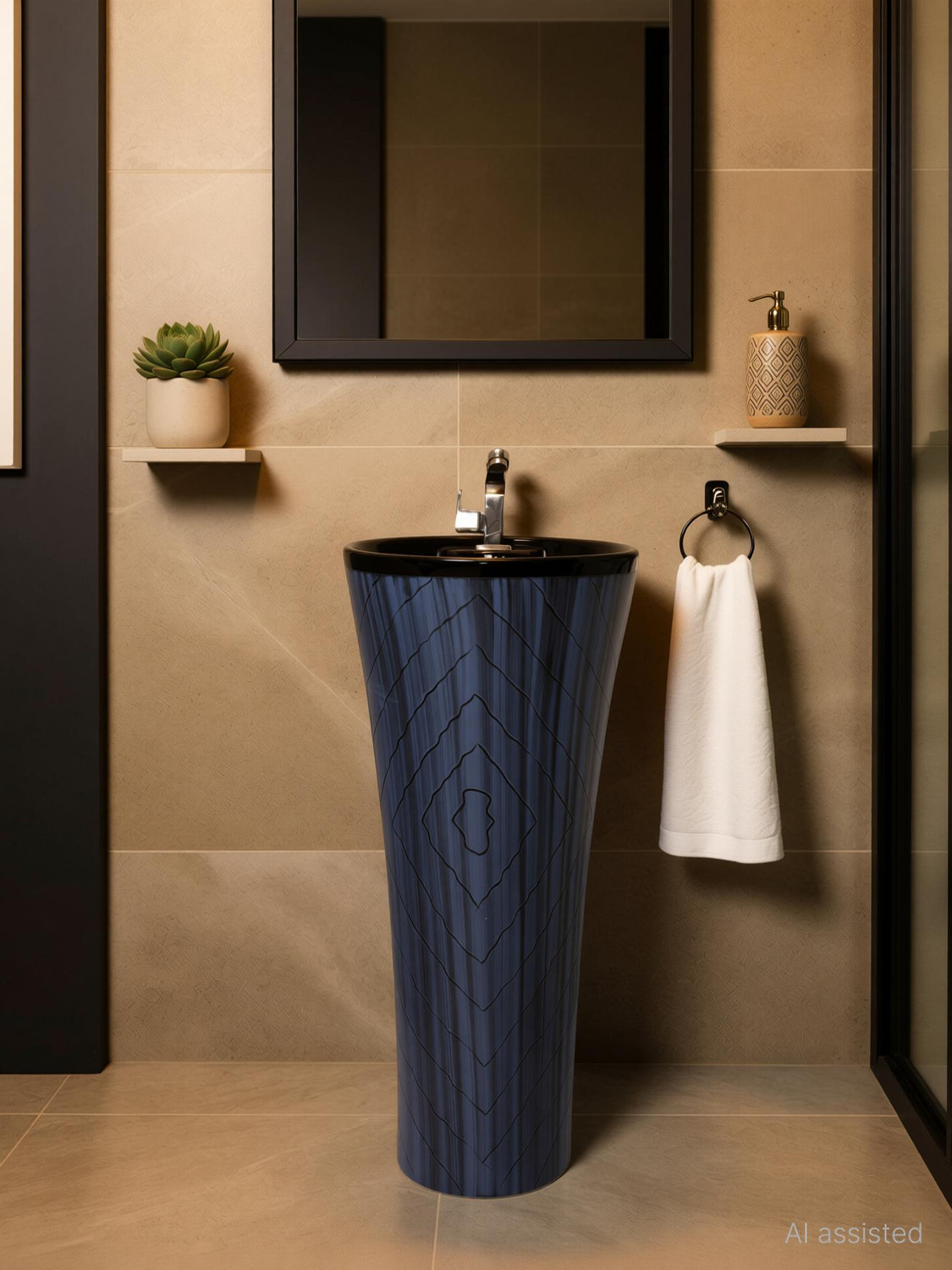 Image of CARA MARK |Handcrafted - Every Piece is Unique| Easy Clean | Ceramic | Hotel Style| NEW CONCEPT IN INDIA|DAMRU WASHBASIN| Pedestal Basin (BLACK AND MULTI COLOR SCRETCH PROOF ANTI BACTIREAL SURFACE)
