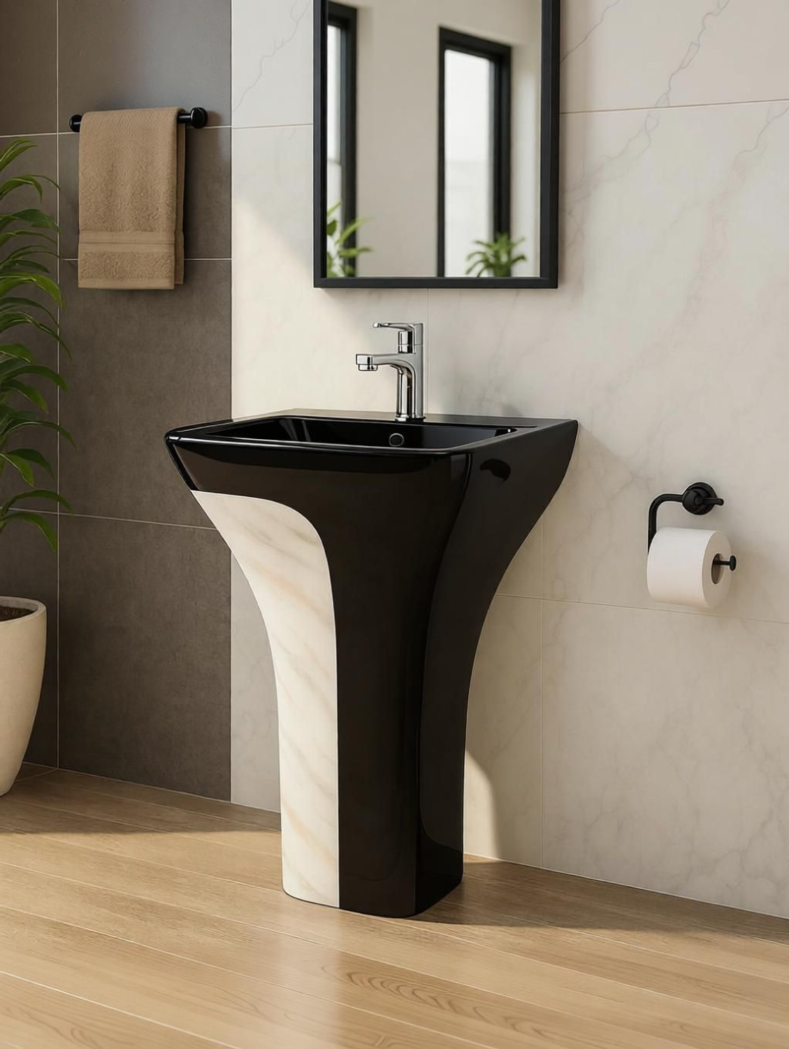 Image of CARA MARK |Handcrafted - Every Piece is Unique| Easy Clean | Ceramic | Hotel Style| NEW CONCEPT IN INDIA|DAMRU WASHBASIN| Pedestal Basin (BLACK AND MULTI COLOR SCRETCH PROOF ANTI BACTIREAL SURFACE)