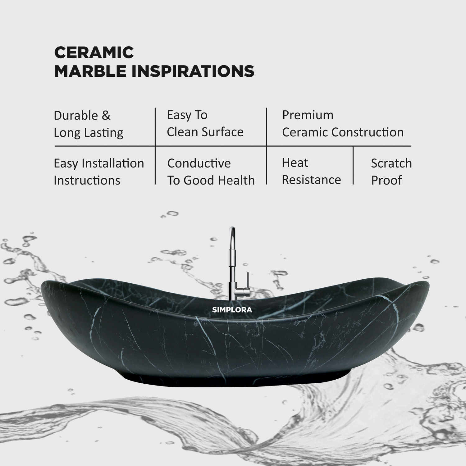 Image of SIMPLORA Veined Marble Look Vessel with Black Shades Organic Curved Veined Marble Look Vessel with Black Shades Organic Curved Table Top Basin (BLACK MARBLE MATT)