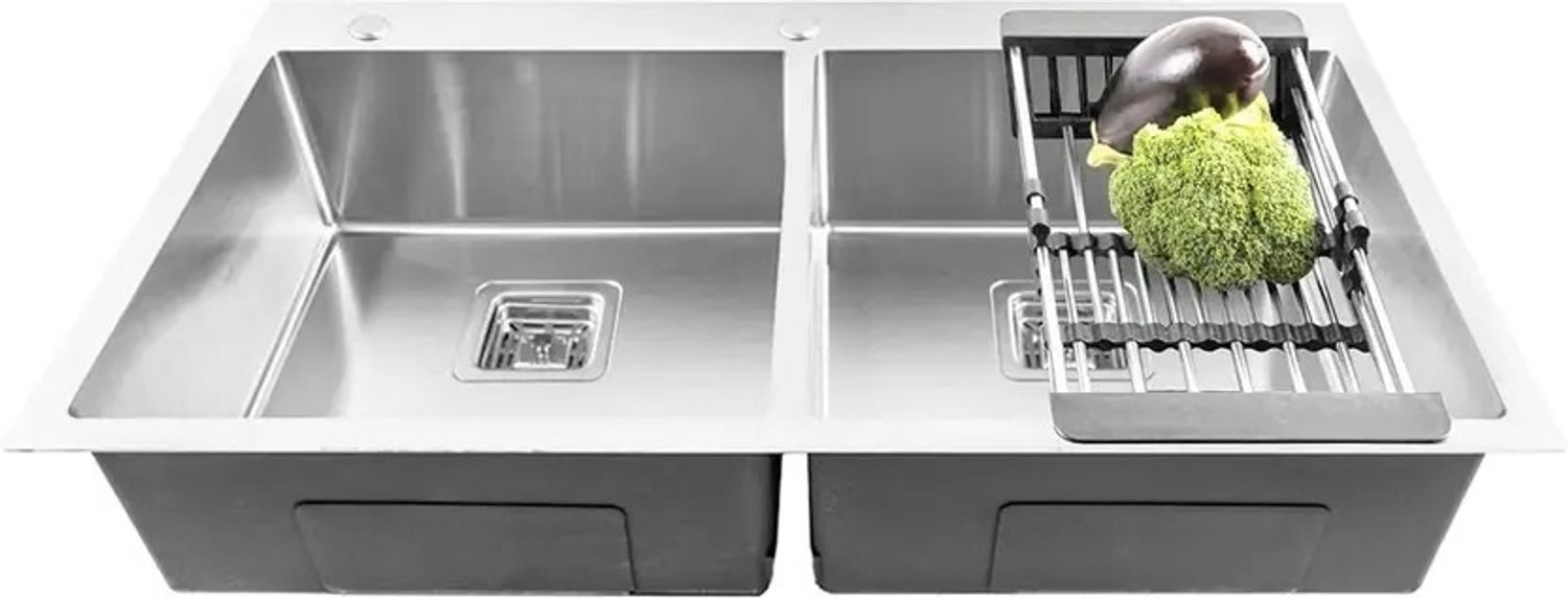 Image of Prestige HANDMADE KITCHEN TAPHOLE SINK 45 inch X 20 inch X 10 inch INCH DOUBLE BOWL SOUND-PROOF 304 Grade Handmade 45 inch X 20 inch X 10 inch Kitchen Taphole Sink Double Bowl Vessel Sink (Silver)
