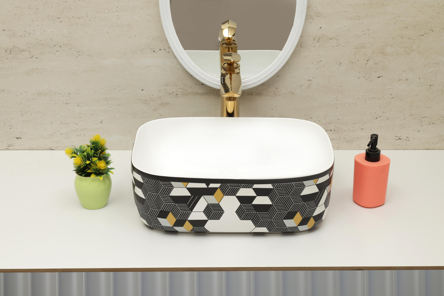 Image of SIMPLORA Veined Marble Look Vessel with Black Shades Organic Curved Veined Marble Look Vessel with Black Shades Organic Curved Table Top Basin (BLACK MARBLE MATT)