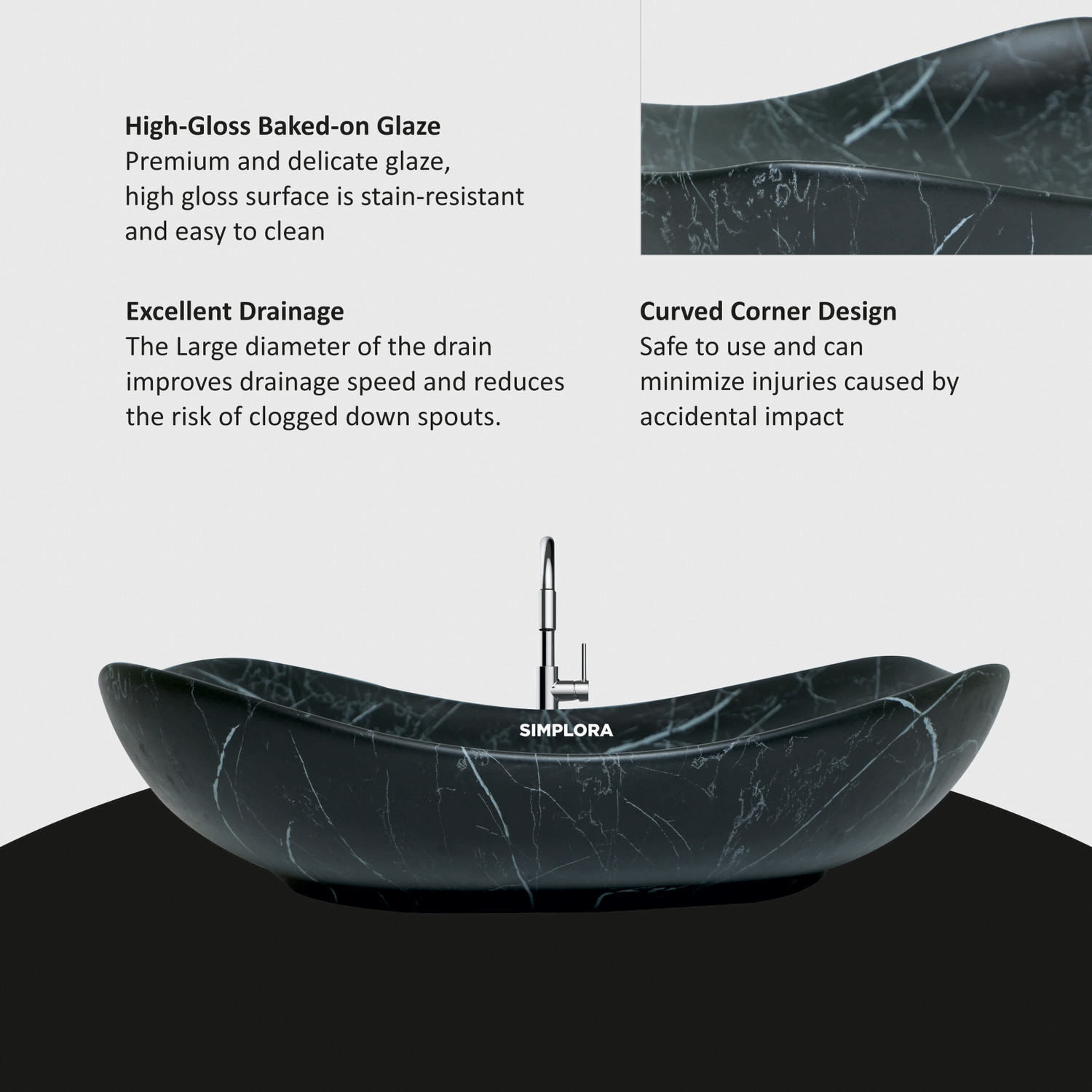 Image of SIMPLORA Veined Marble Look Vessel with Black Shades Organic Curved Veined Marble Look Vessel with Black Shades Organic Curved Table Top Basin (BLACK MARBLE MATT)