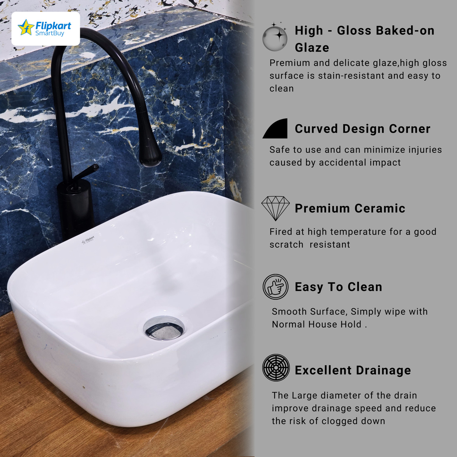Image of Flipkart SmartBuy TT-22 Premium Grade Ceramic's White Table Top Wash Basin Table Top Basin (Glossy White)