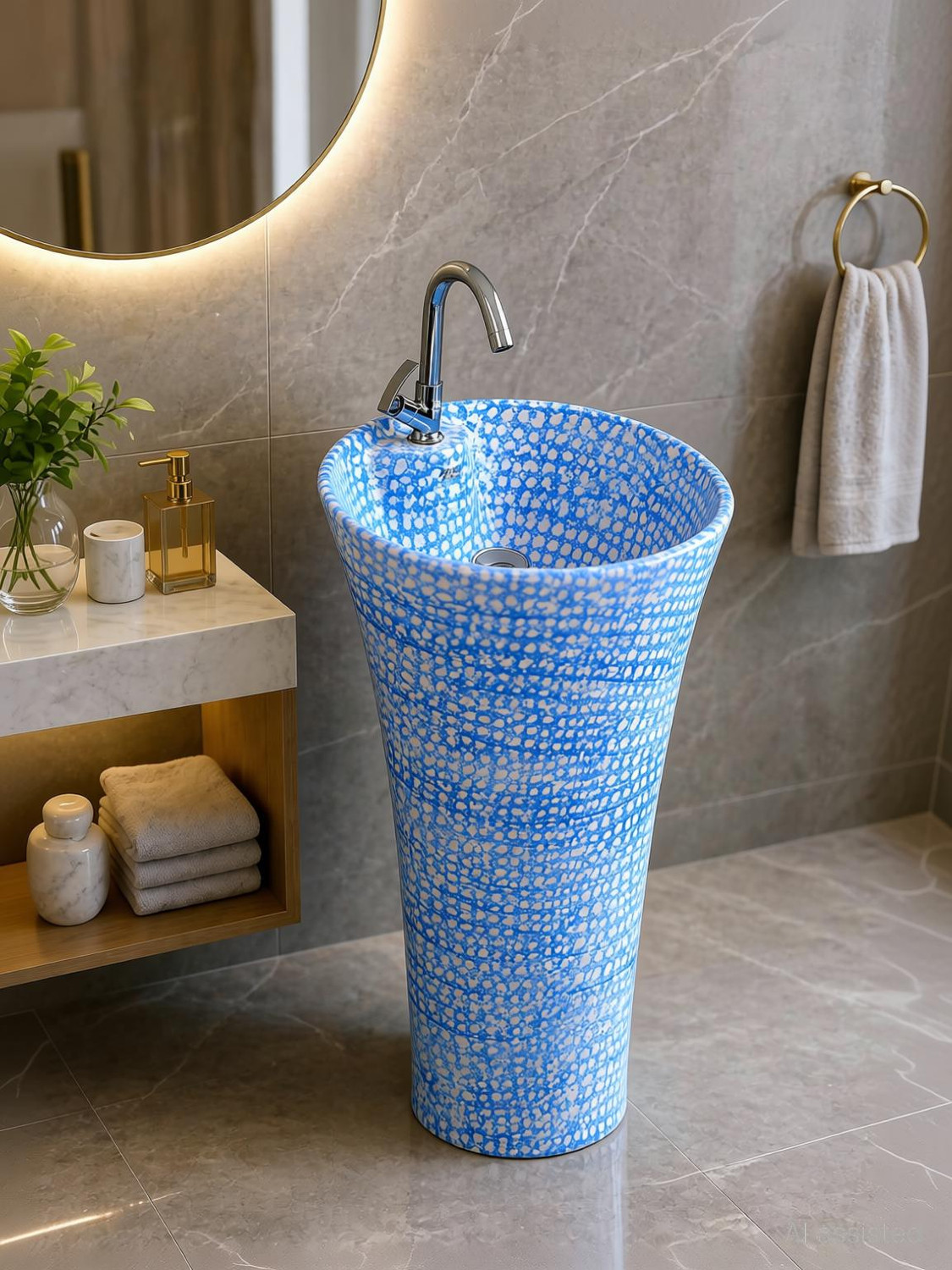 clayplus Premium Grade Ceramic's Designer One Piece Pedestal Basin (Sky Blue) - Image 1