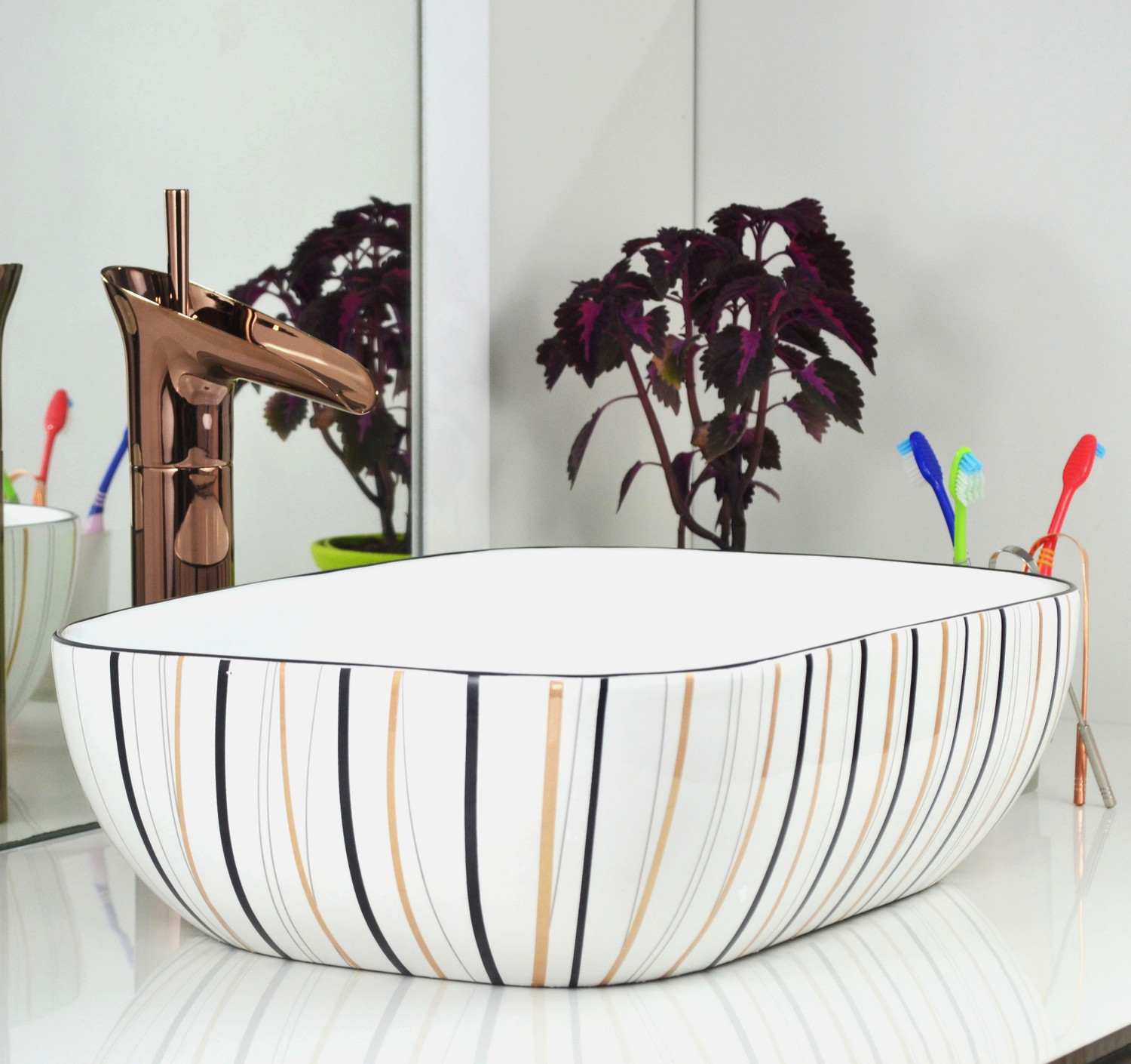 Image of Moro {ANTILA 234} Ceramic Table Top Wash Basin 12x16 Inch Rectangular Countertop Sink for Bathroom Table Top Basin (WHITE-BLACK)