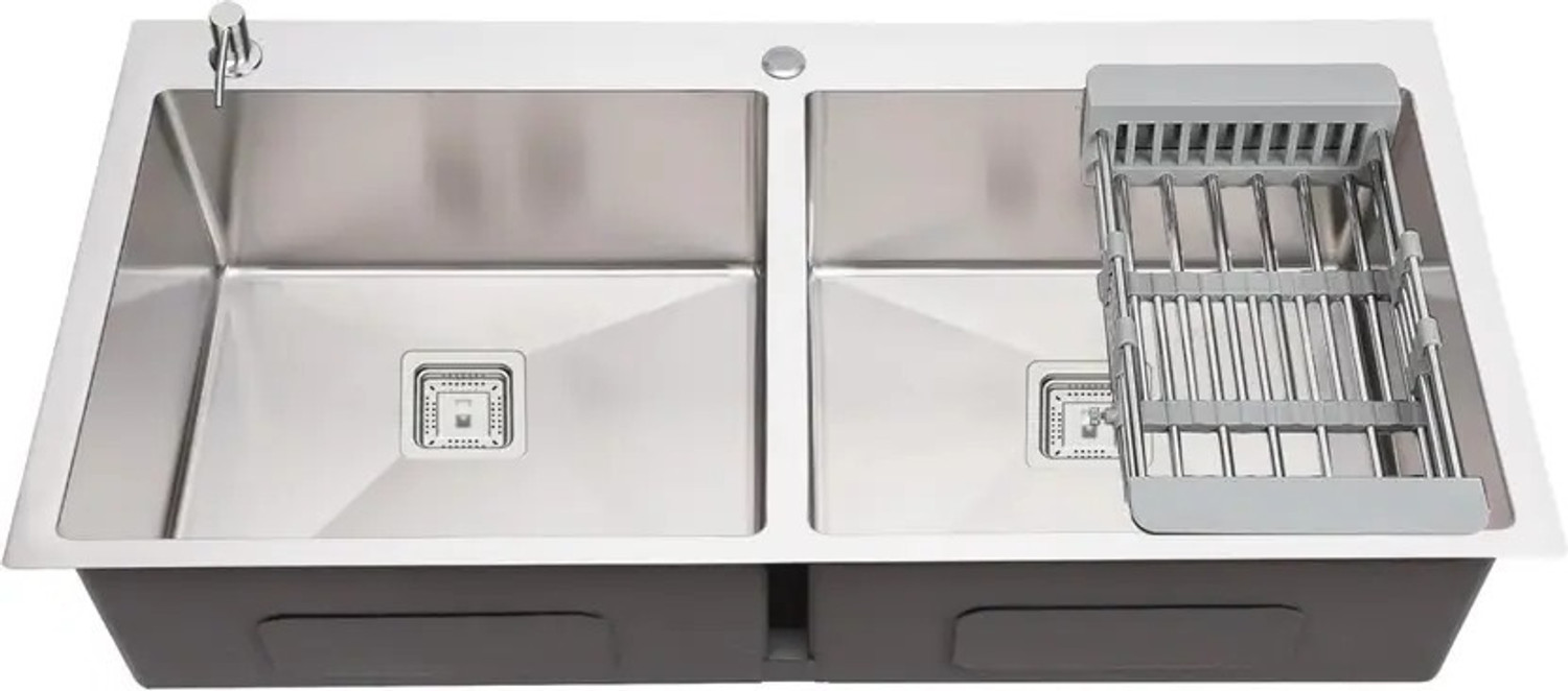 Image of Prestige HANDMADE KITCHEN TAPHOLE SINK 45 inch X 20 inch X 10 inch INCH DOUBLE BOWL SOUND-PROOF 304 Grade Handmade 45 inch X 20 inch X 10 inch Kitchen Taphole Sink Double Bowl Vessel Sink (Silver)