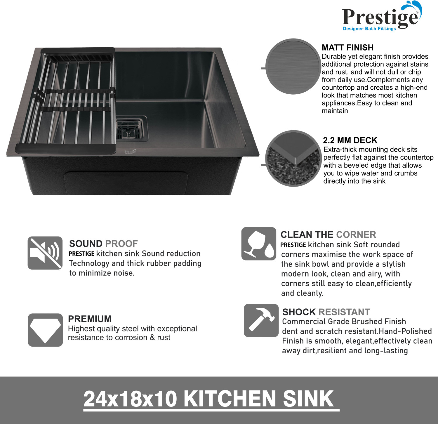 Image of Prestige (24 inchX18 inchX10 inch) Stainless steel 'Square Bowl' kitchen sink (Single Bowl) (Black) Vessel Sink (Black)