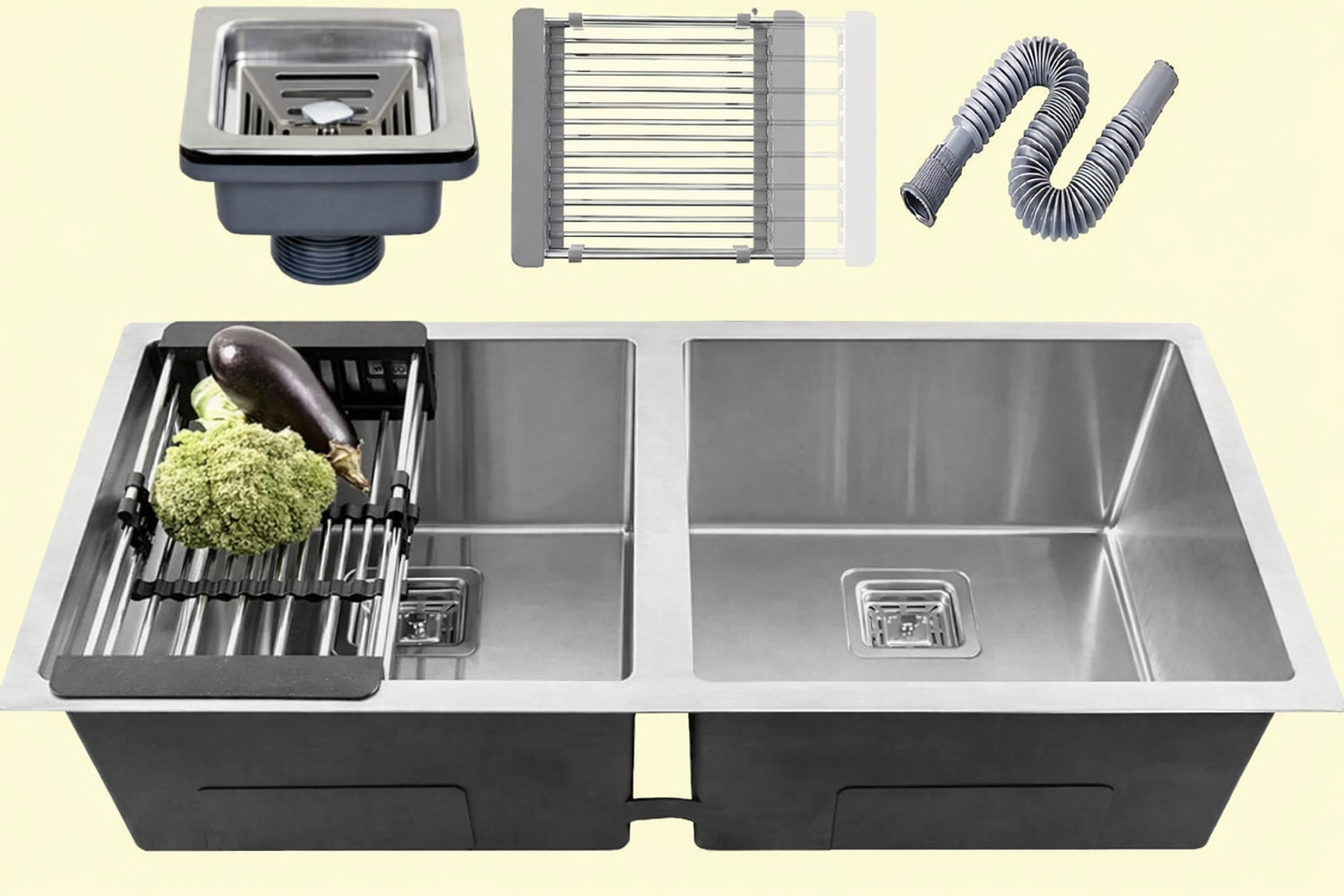 Image of Prestige HANDMADE KITCHEN TAPHOLE SINK 45 inch X 20 inch X 10 inch INCH DOUBLE BOWL SOUND-PROOF 304 Grade Handmade 45 inch X 20 inch X 10 inch Kitchen Taphole Sink Double Bowl Vessel Sink (Silver)